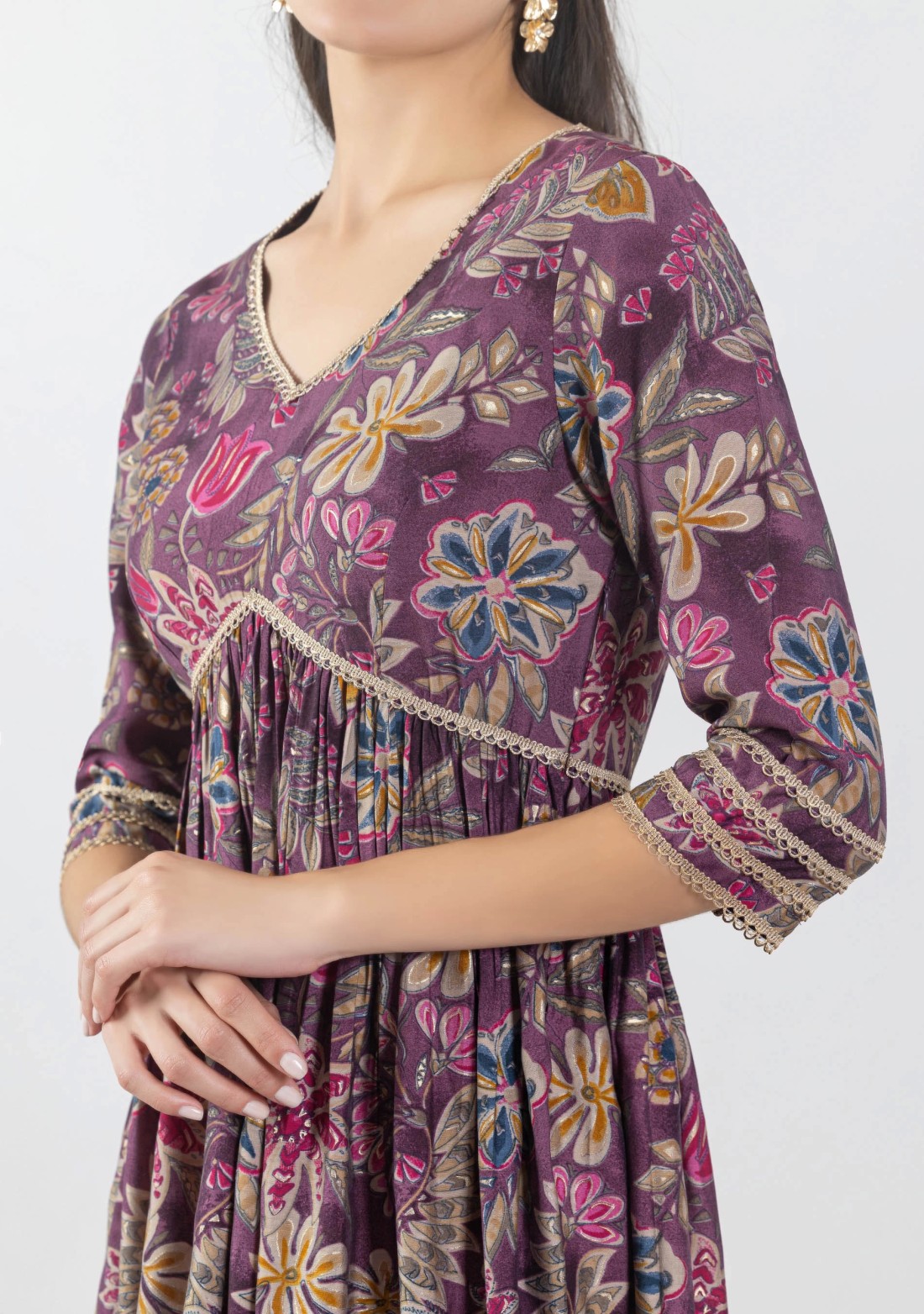 Mauve Chanderi Foil Print Flared Anarkali Kurta