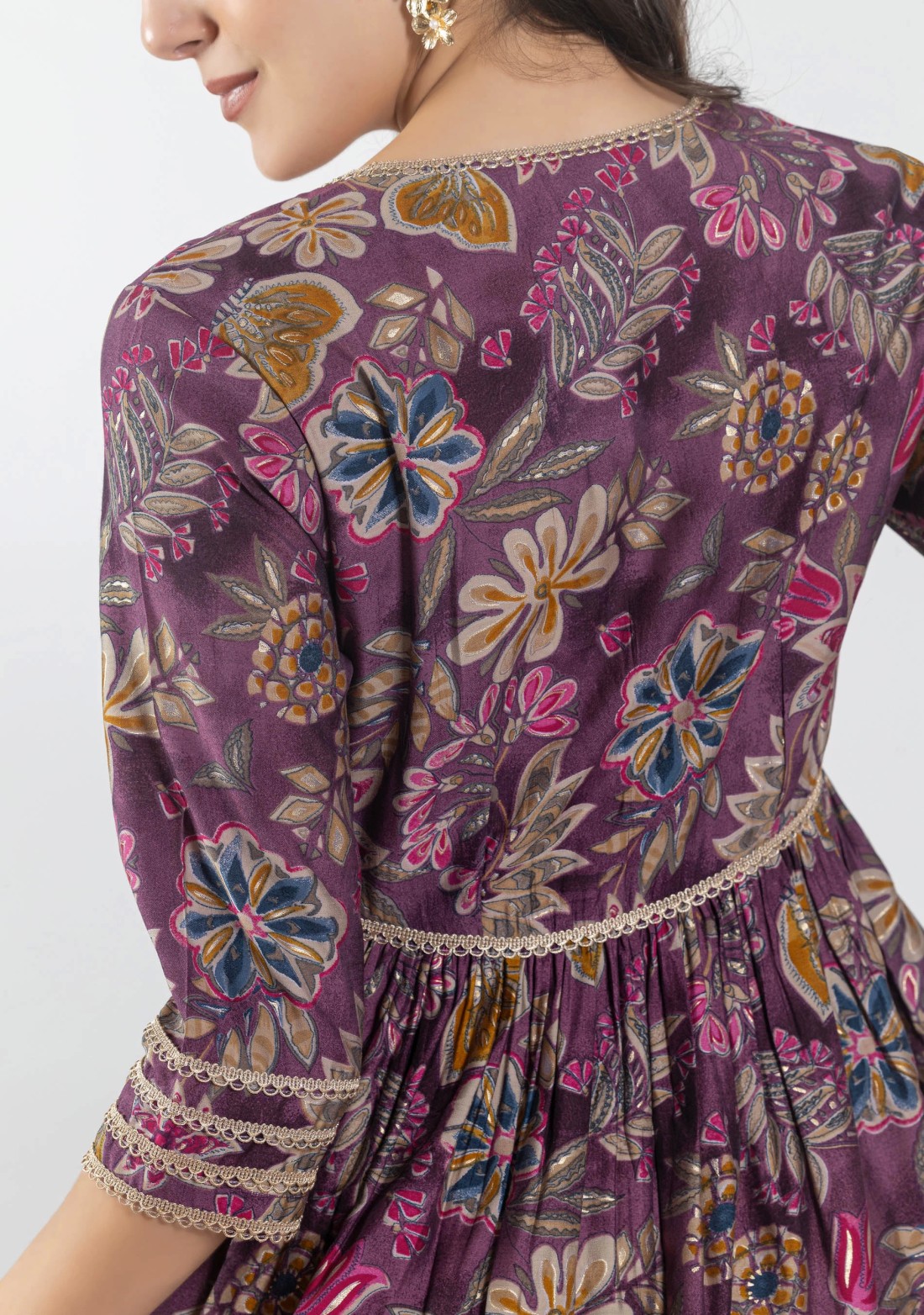 Mauve Chanderi Foil Print Flared Anarkali Kurta