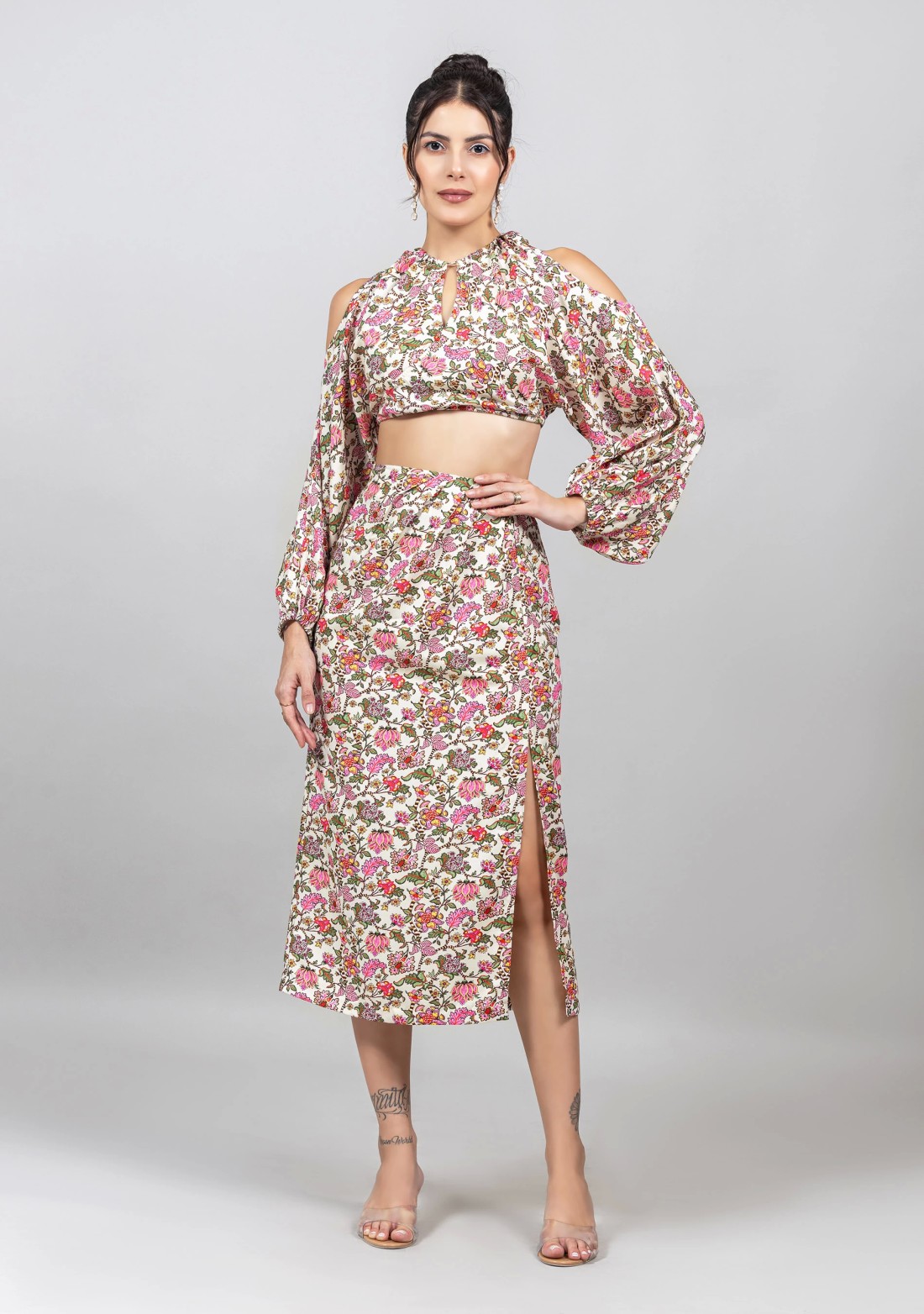 Multi-Colour Floral Print Crop Top and Skirt Co-ord Set