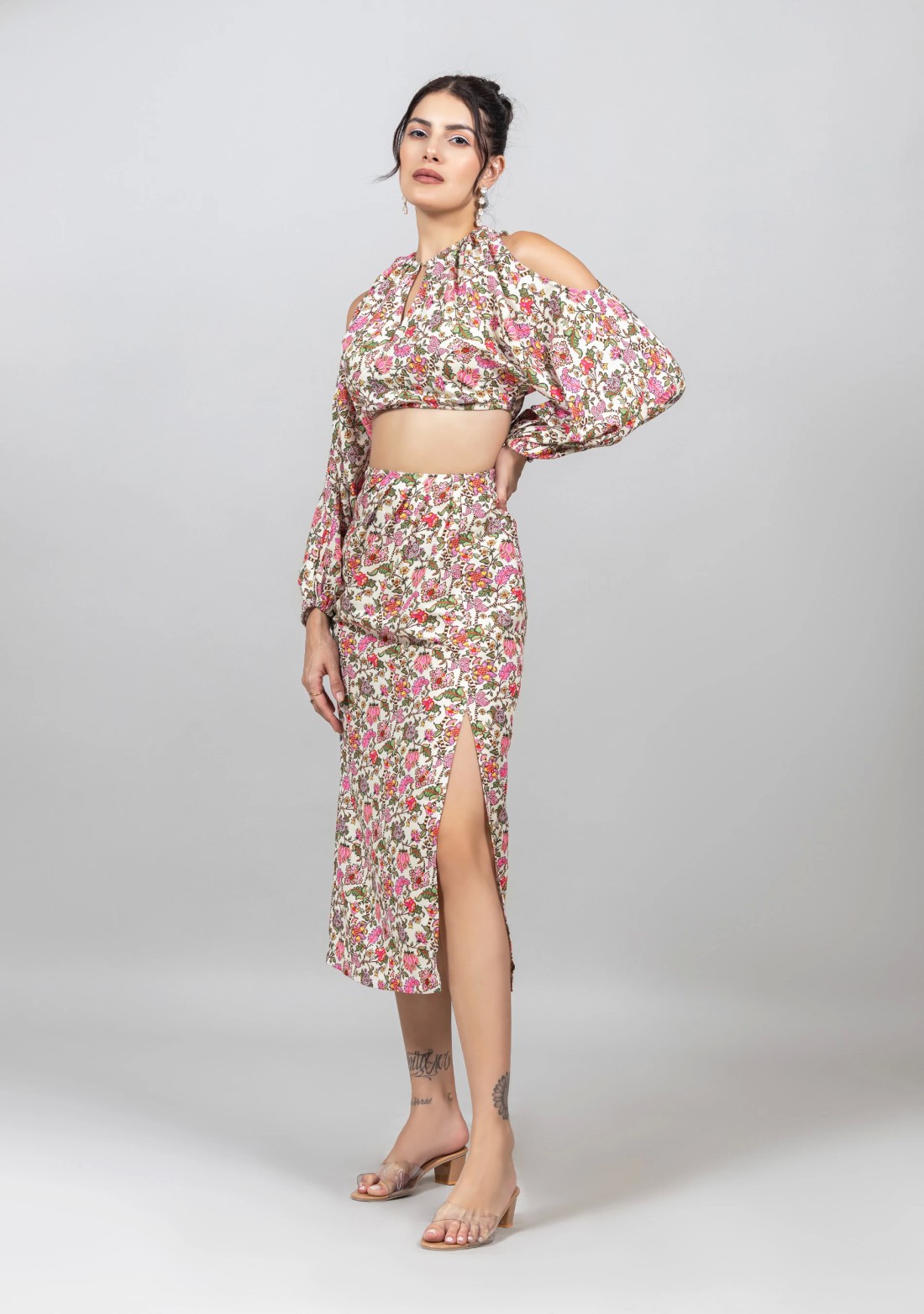 Multi-Colour Floral Print Crop Top and Skirt Co-ord Set