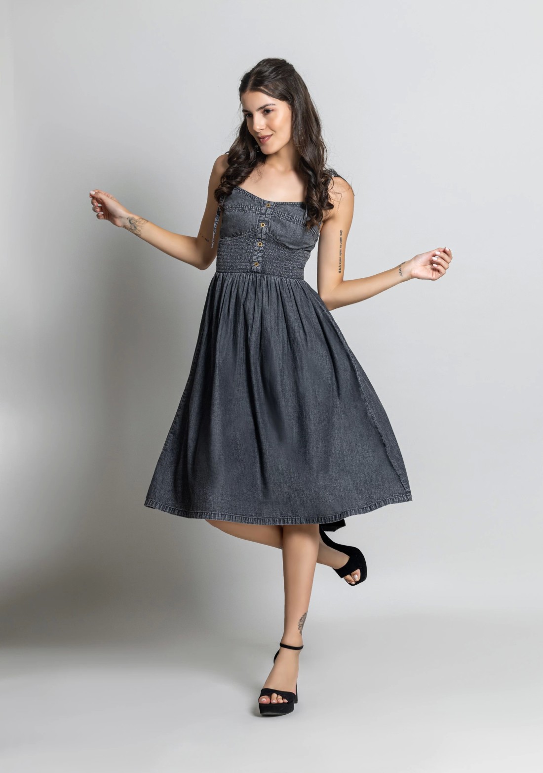 Grey Spaghetti Straps Fit and Flared Denim Midi Dress