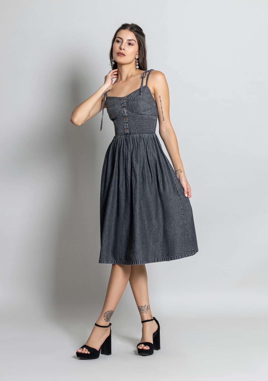 Grey Spaghetti Straps Fit and Flared Denim Midi Dress