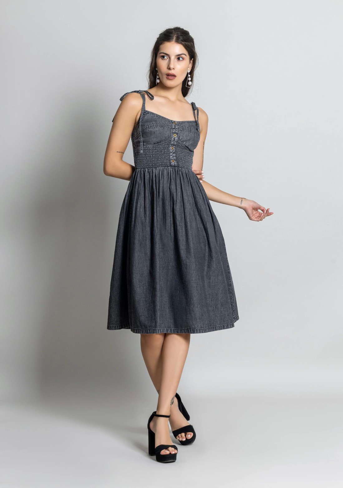 Grey Spaghetti Straps Fit and Flared Denim Midi Dress