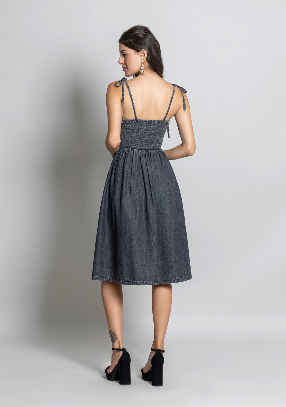 Grey Spaghetti Straps Fit and Flared Denim Midi Dress