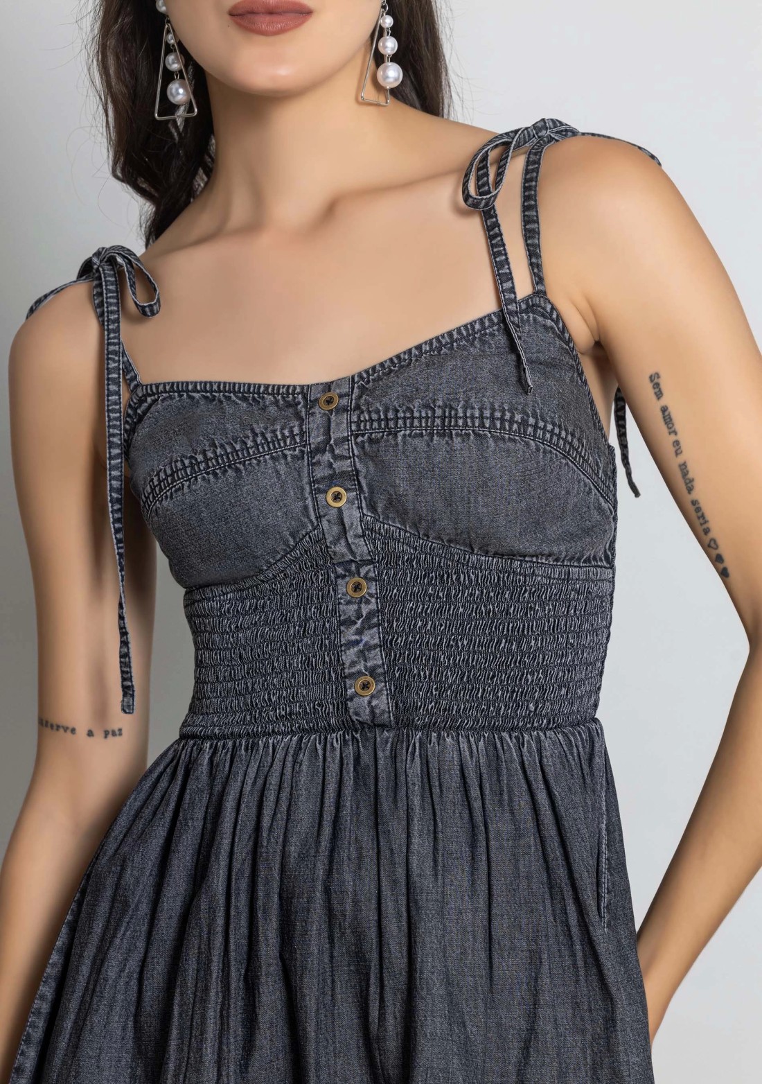 Grey Spaghetti Straps Fit and Flared Denim Midi Dress