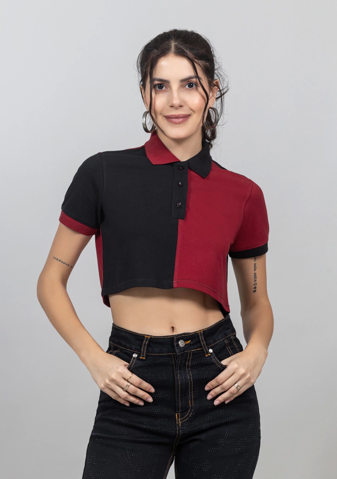 Black and Red Pique Knit Crop Polo T-Shirt