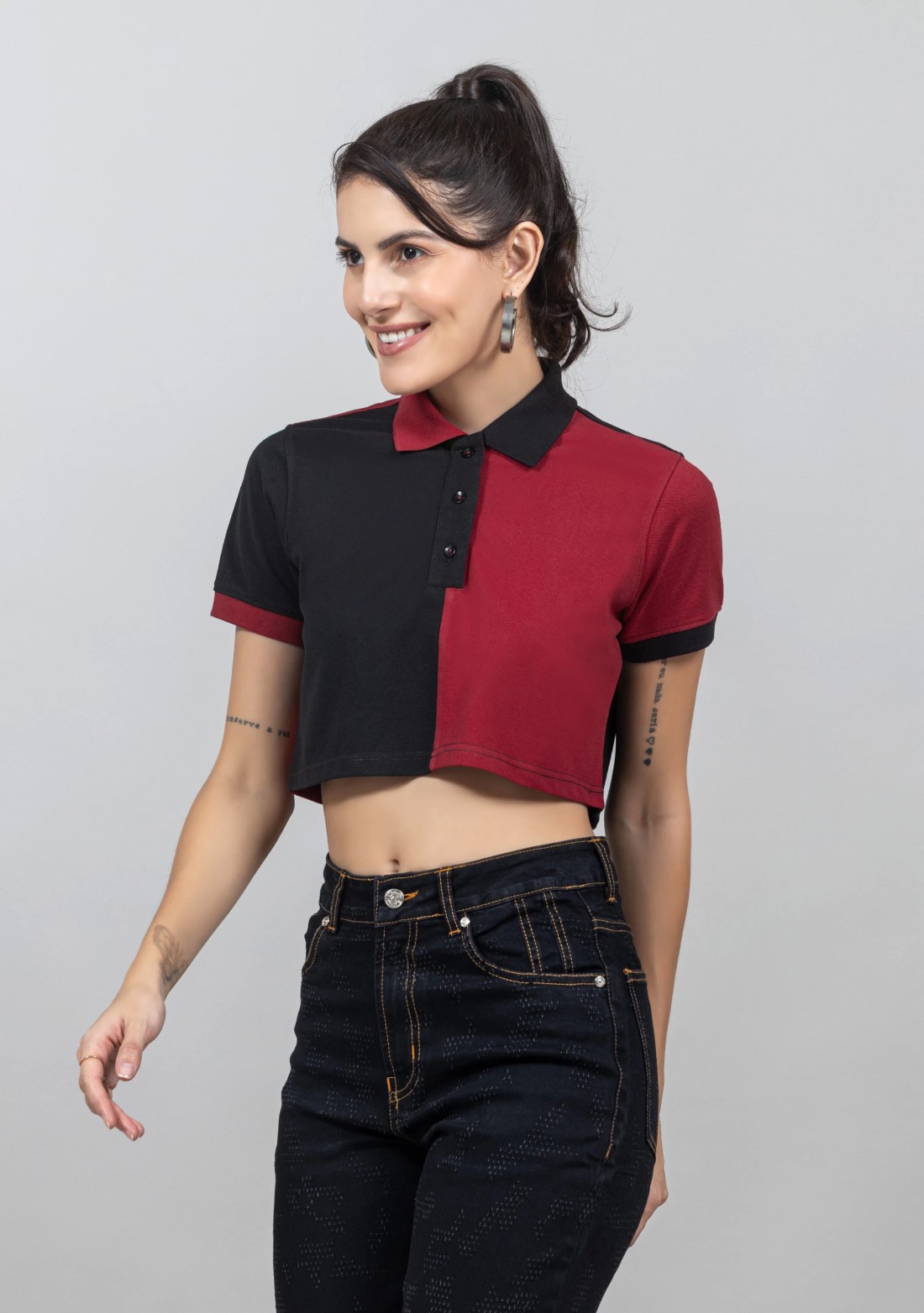 Black and Red Pique Knit Crop Polo T-Shirt