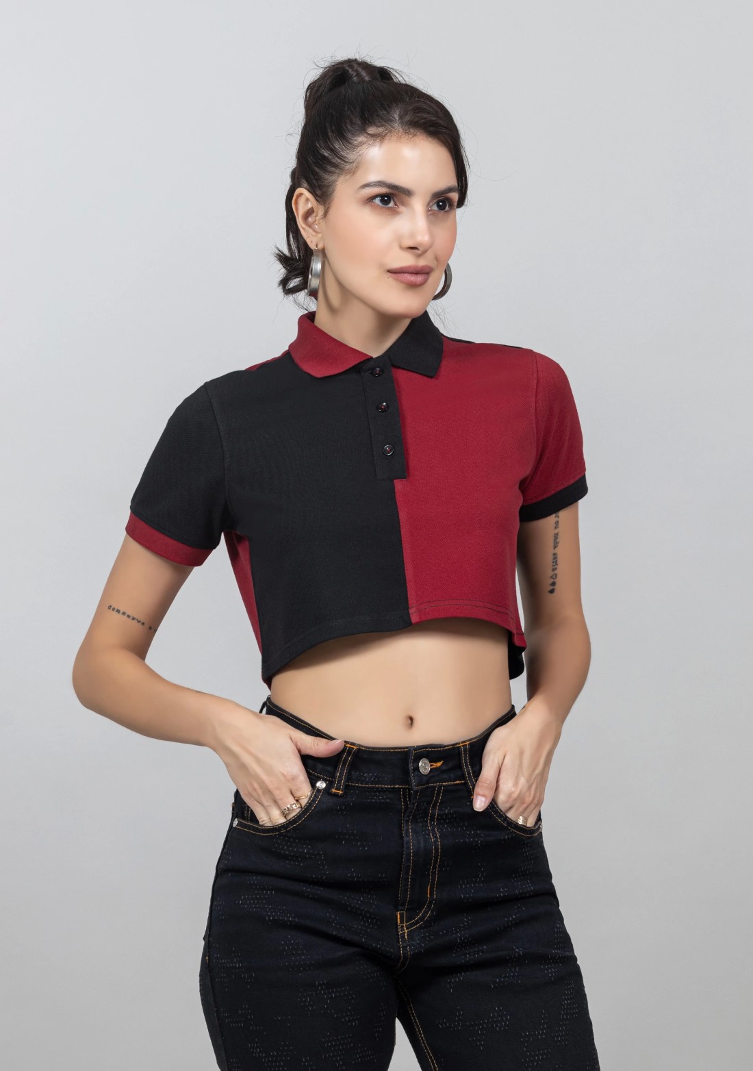 Black and Red Pique Knit Crop Polo T-Shirt