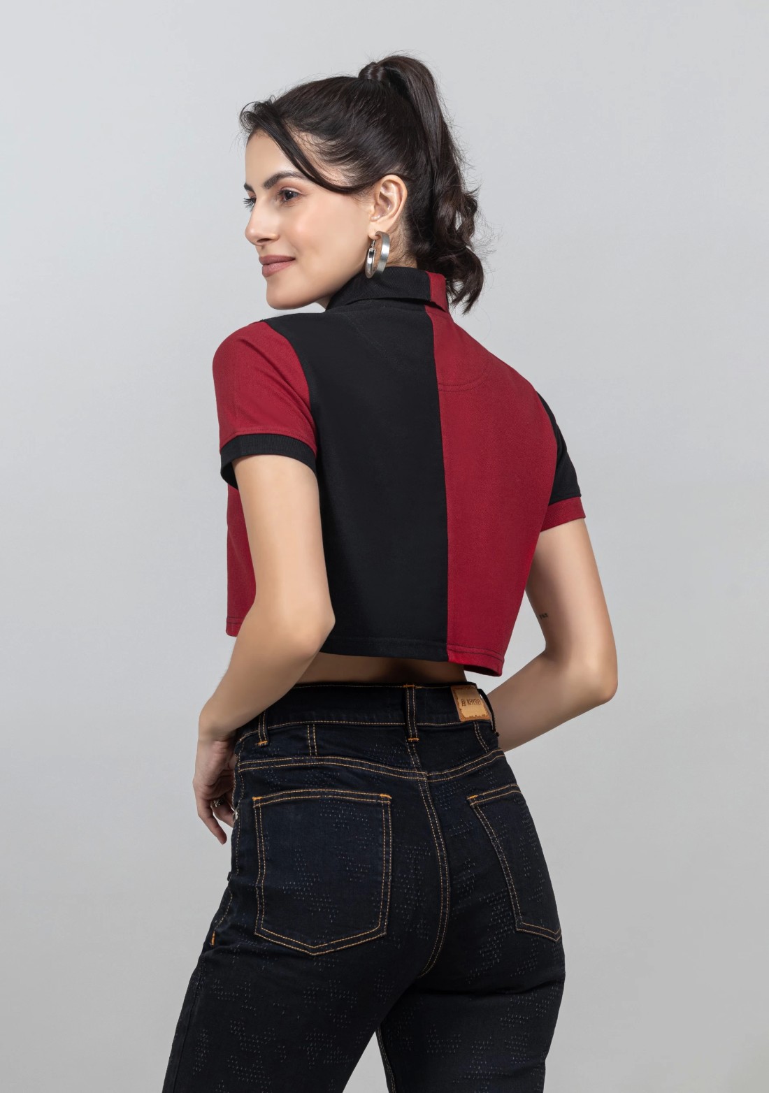 Black and Red Pique Knit Crop Polo T-Shirt