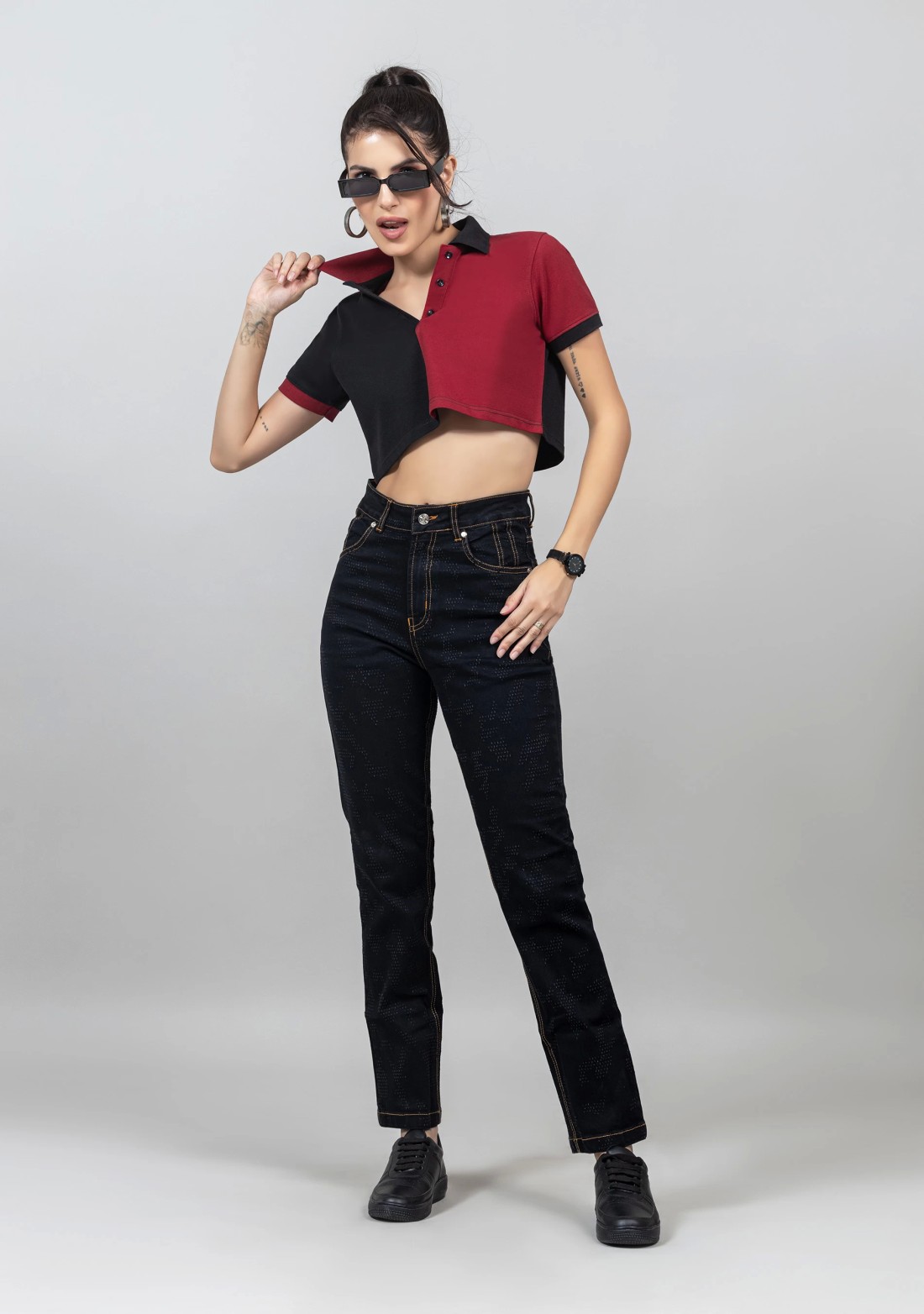 Black and Red Pique Knit Crop Polo T-Shirt