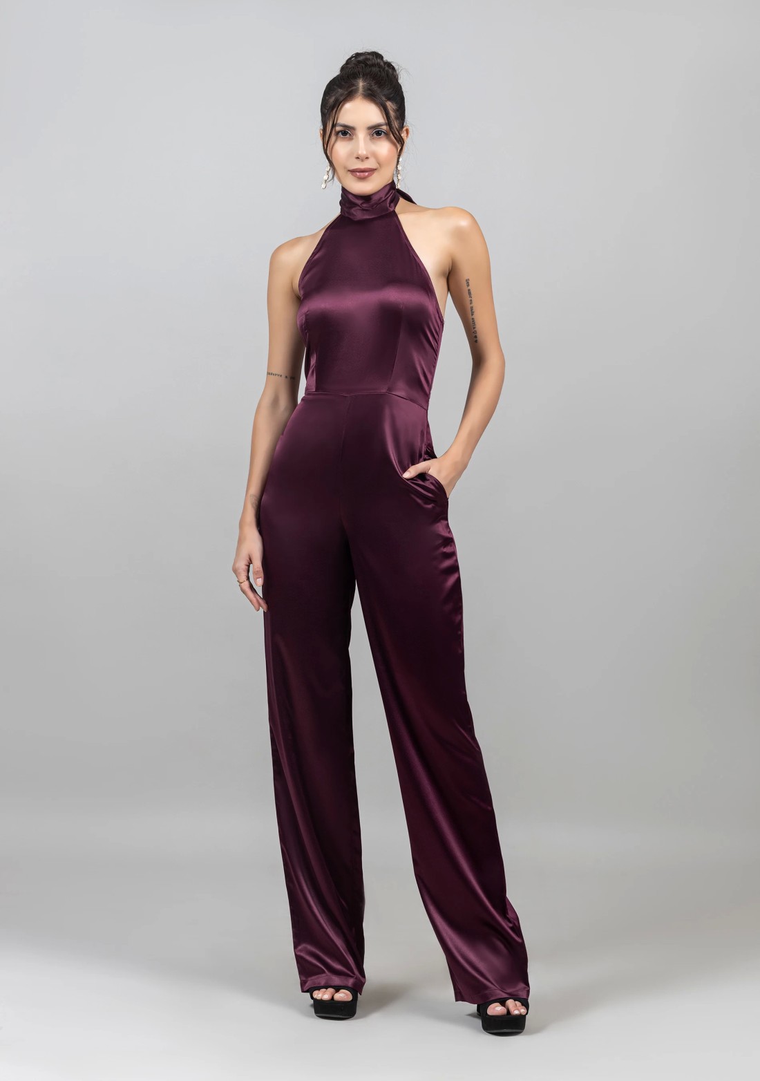 Wine Satin Halter Neck Jumpsuit