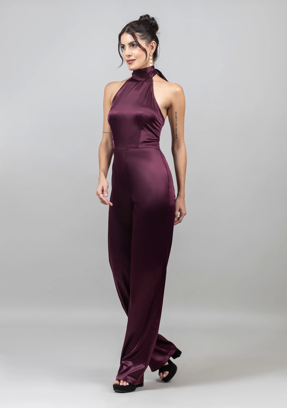 Wine Satin Halter Neck Jumpsuit