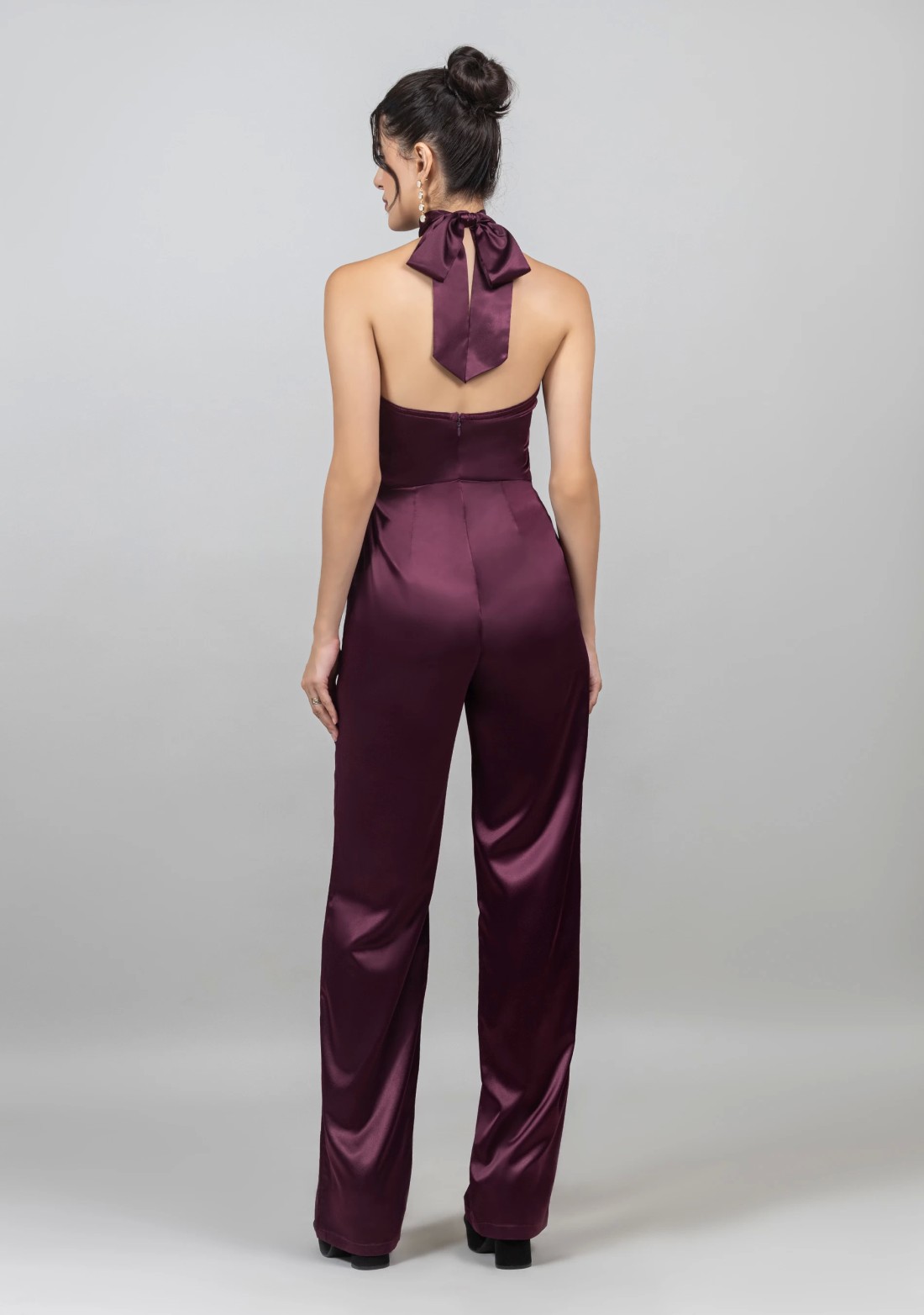 Wine Satin Halter Neck Jumpsuit