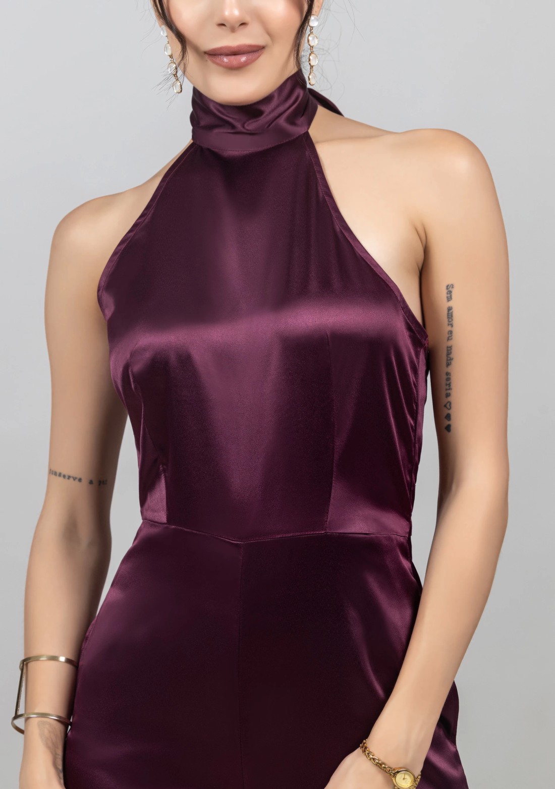 Wine Satin Halter Neck Jumpsuit