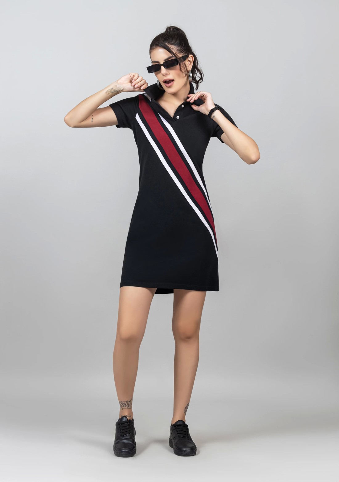 Black Pique Knit Colour Block Mini Dress