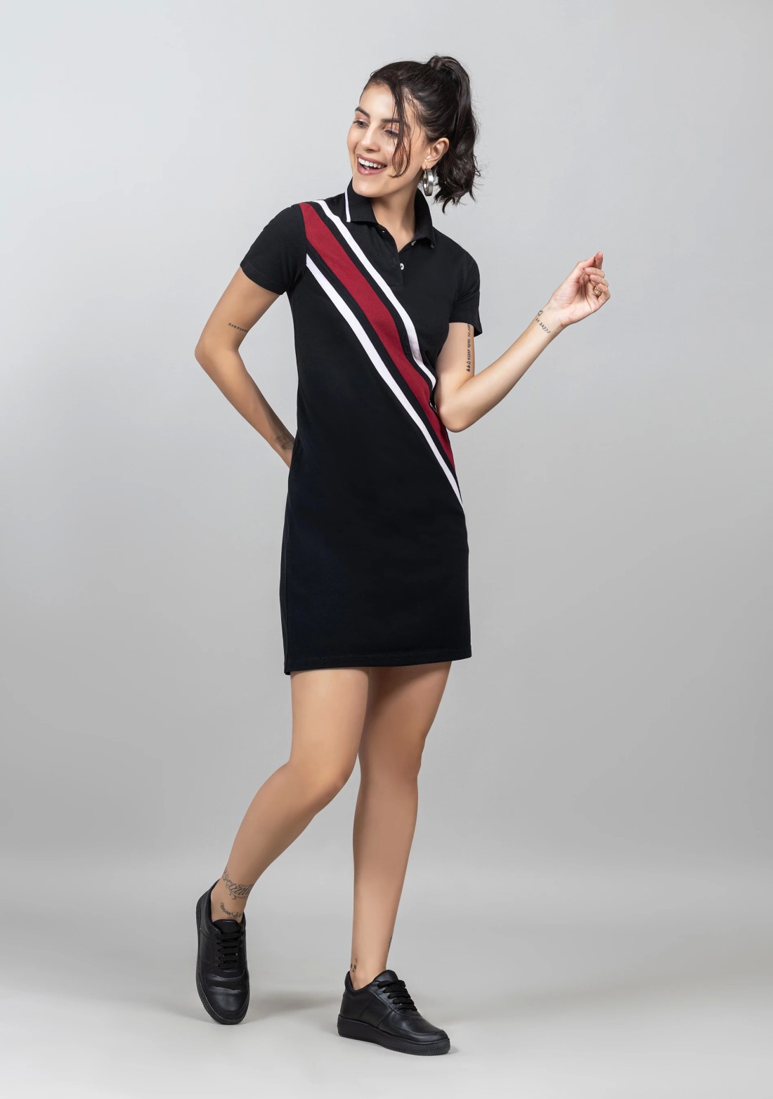 Black Pique Knit Colour Block Mini Dress