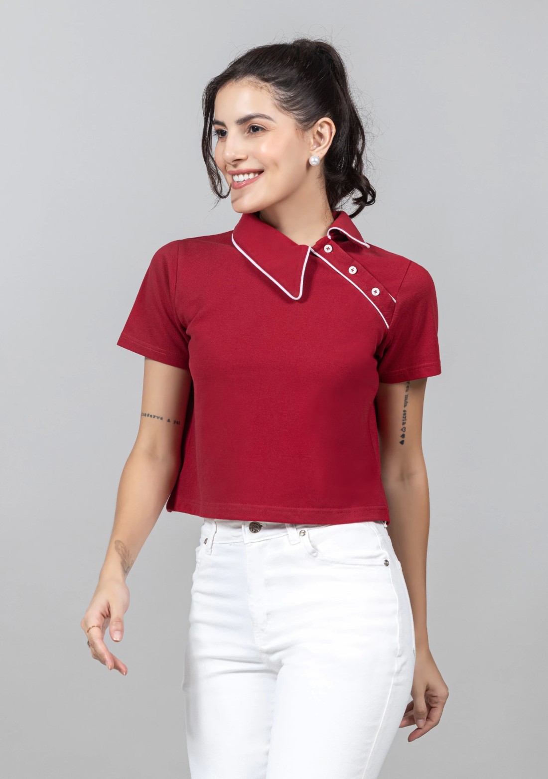 Red Pique Knit Crop Polo T-Shirt