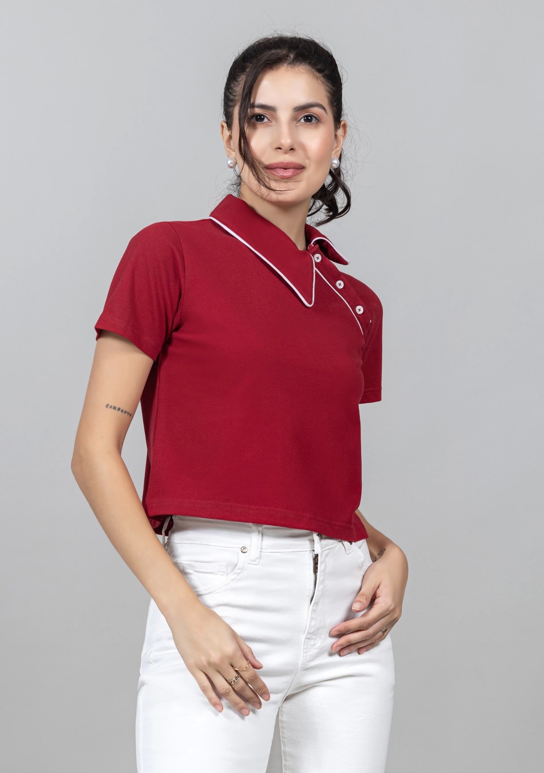 Red Pique Knit Crop Polo T-Shirt