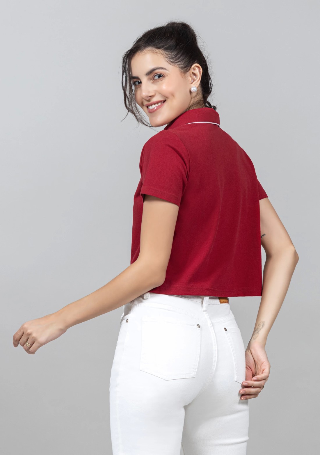 Red Pique Knit Crop Polo T-Shirt