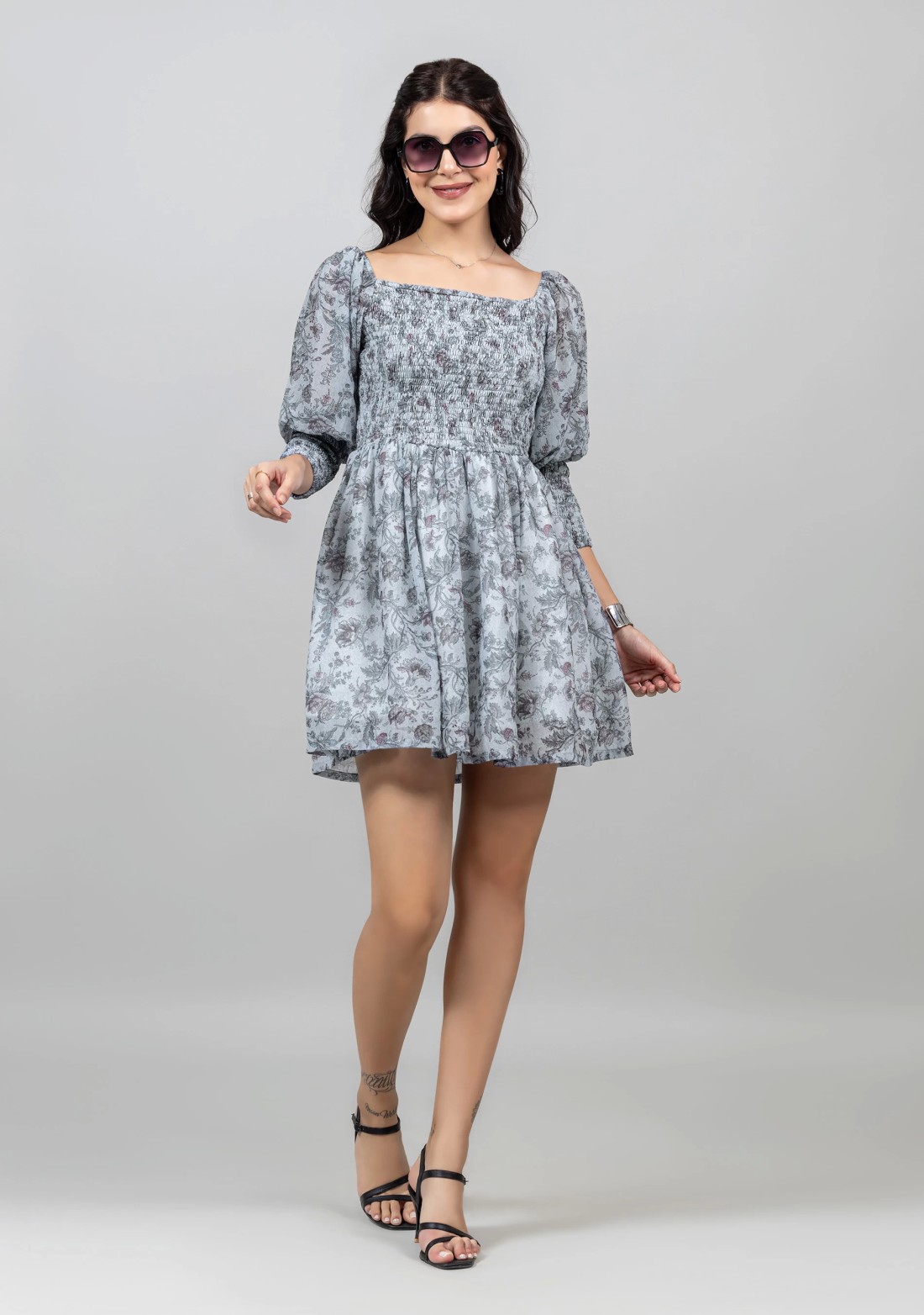 Grey Vintage Floral Print Mini Dress