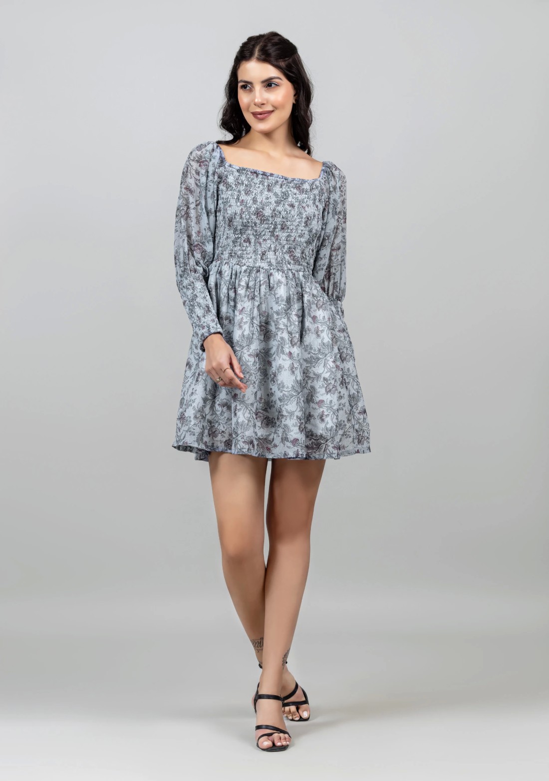 Grey Vintage Floral Print Mini Dress