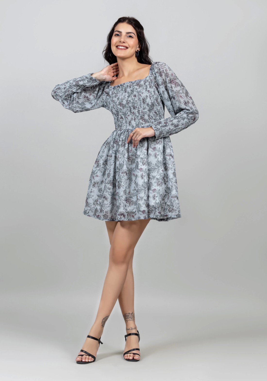 Grey Vintage Floral Print Mini Dress