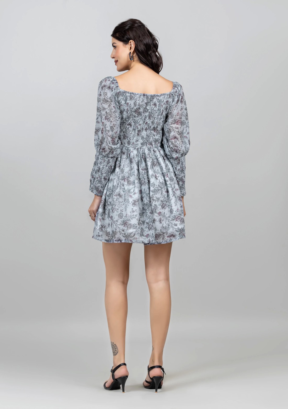 Grey Vintage Floral Print Mini Dress