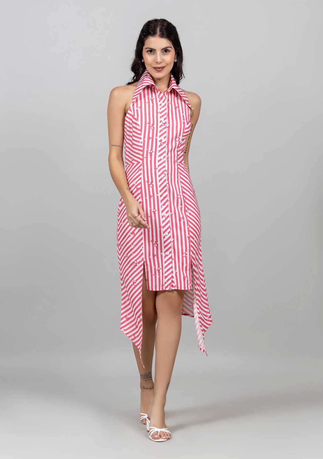 Pink Stripe Floral Print Midi Dress