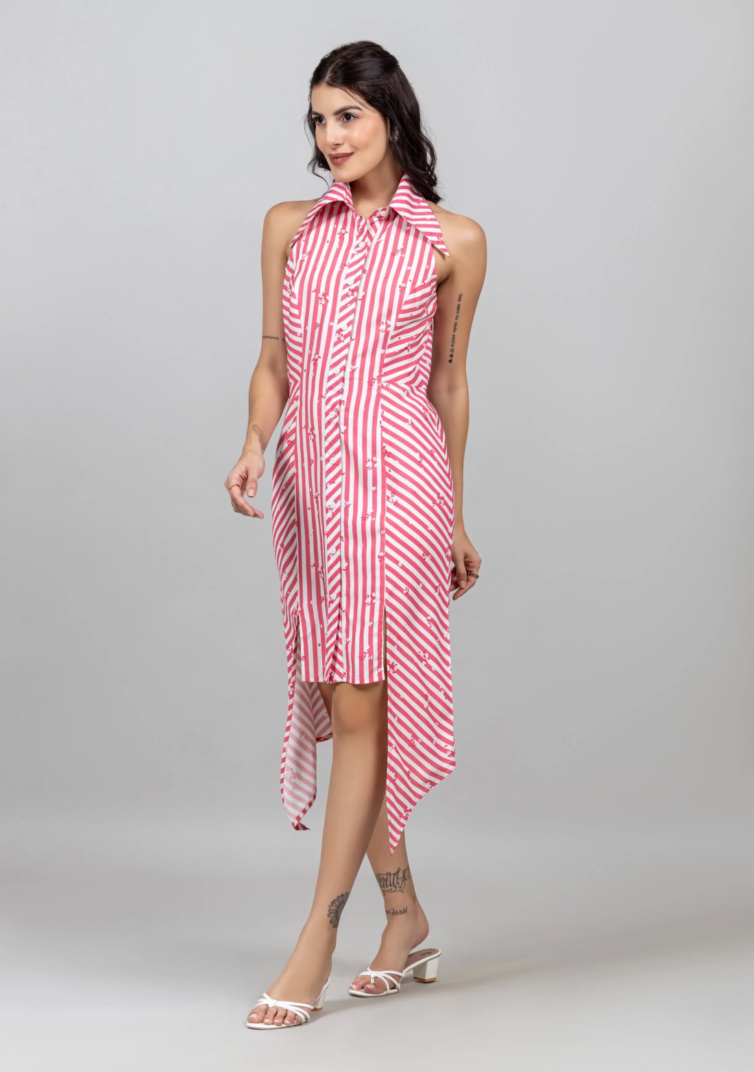 Pink Stripe Floral Print Midi Dress