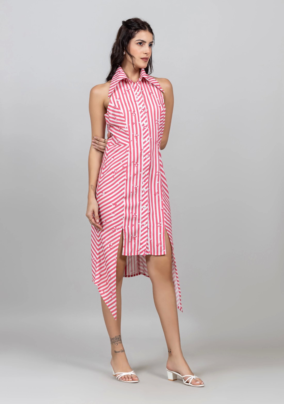 Pink Stripe Floral Print Midi Dress