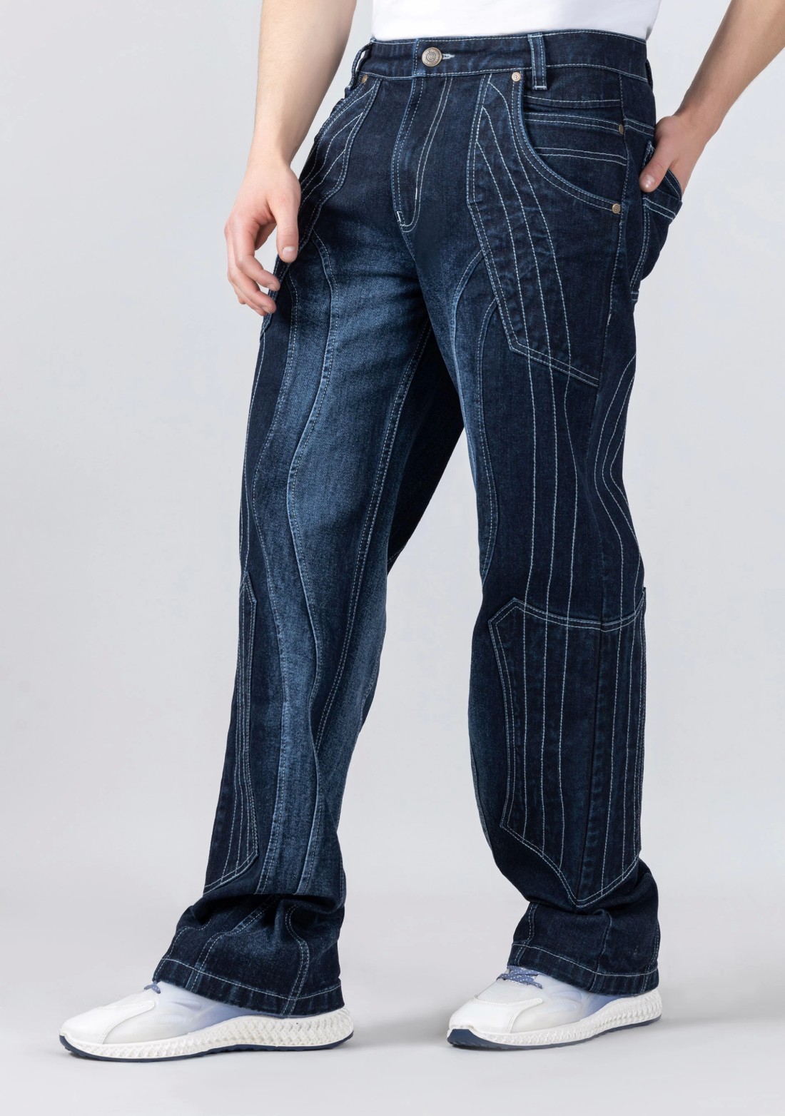 Blue Wide Leg Cut and Sew Men's Jeans