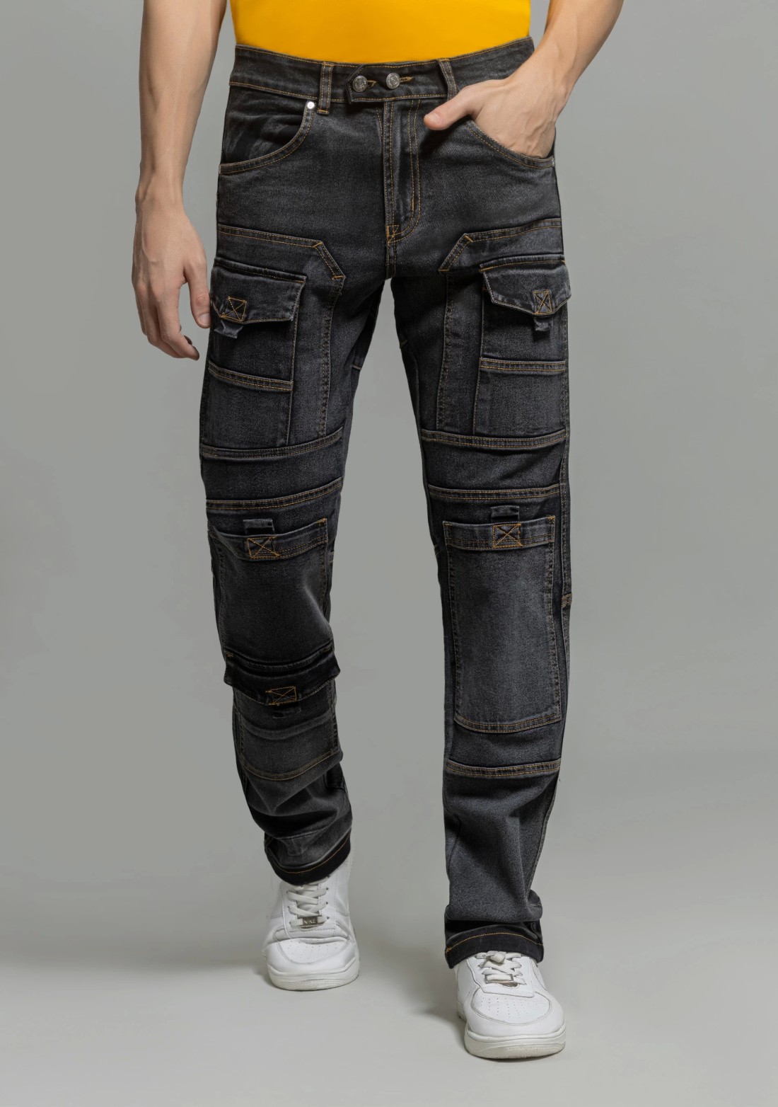 Black Straight Relaxed Fit Cut and Sew Men's Utility Jeans