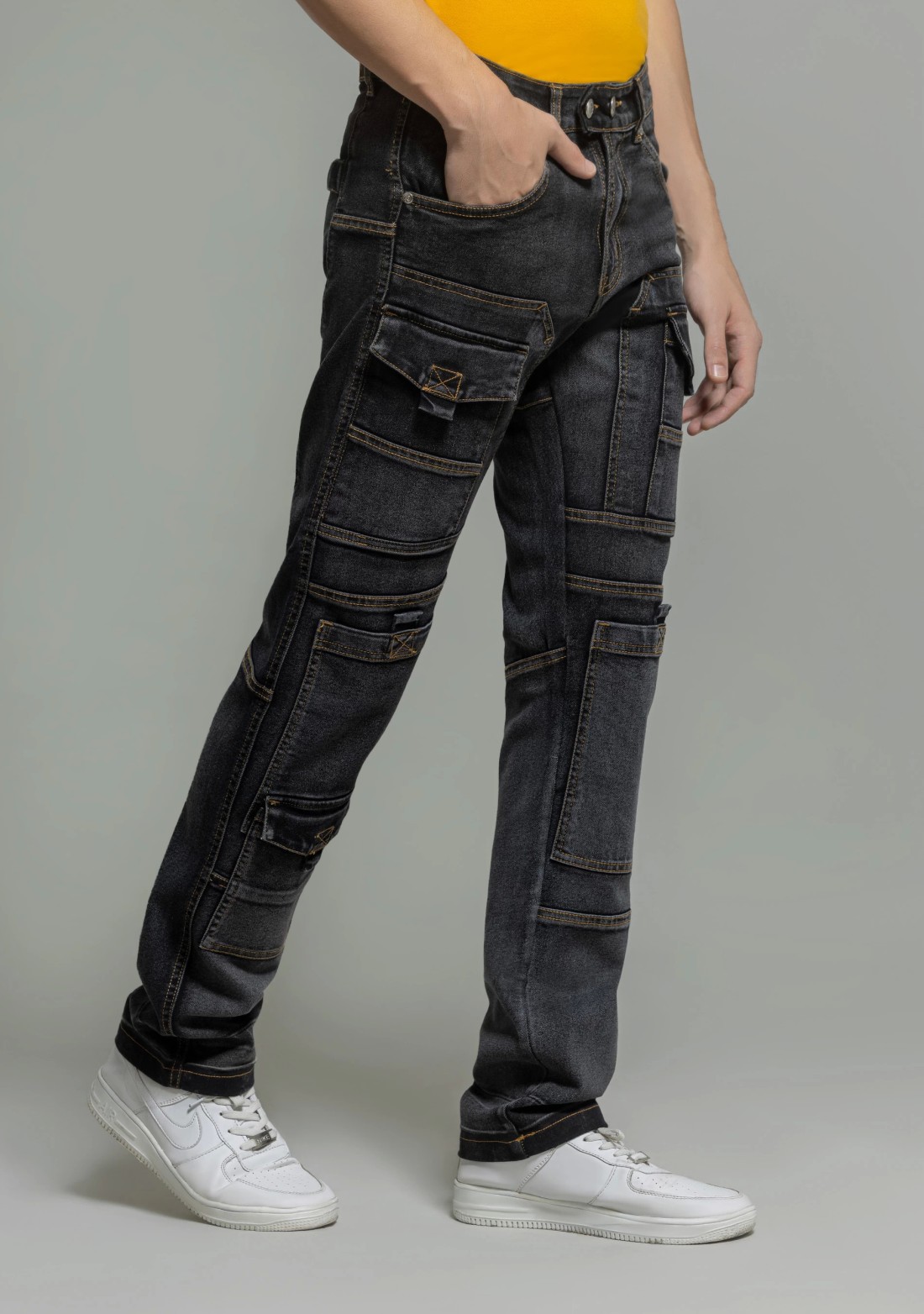 Black Straight Relaxed Fit Cut and Sew Men's Utility Jeans