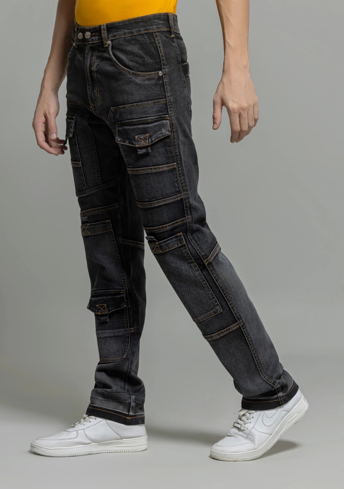 Black Straight Relaxed Fit Cut and Sew Men's Utility Jeans