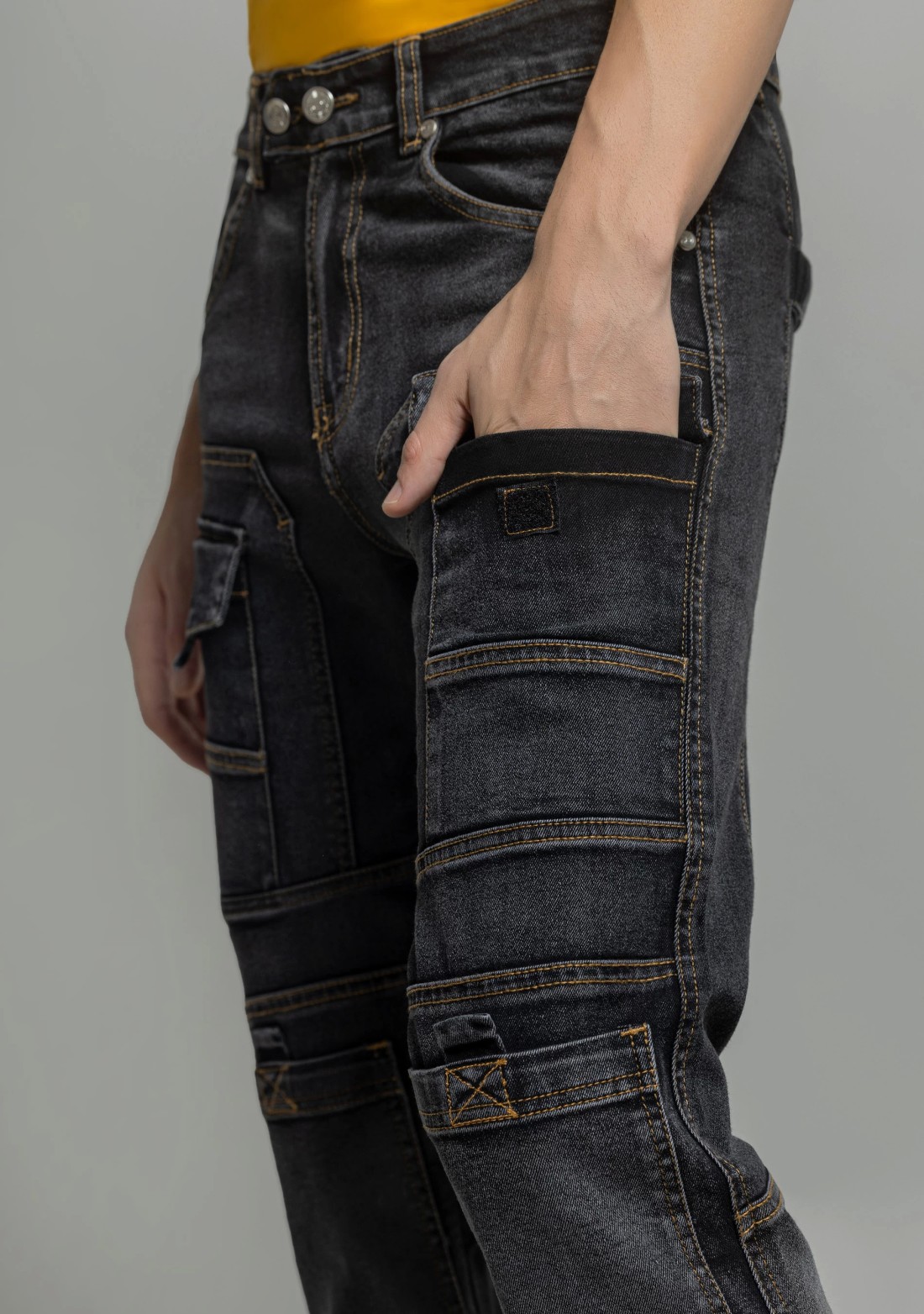 Black Straight Relaxed Fit Cut and Sew Men's Utility Jeans