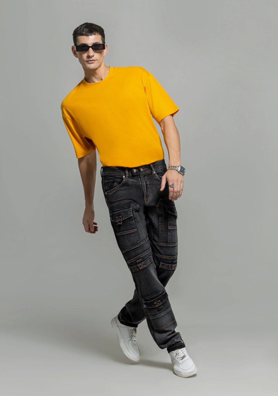 Black Straight Relaxed Fit Cut and Sew Men's Utility Jeans