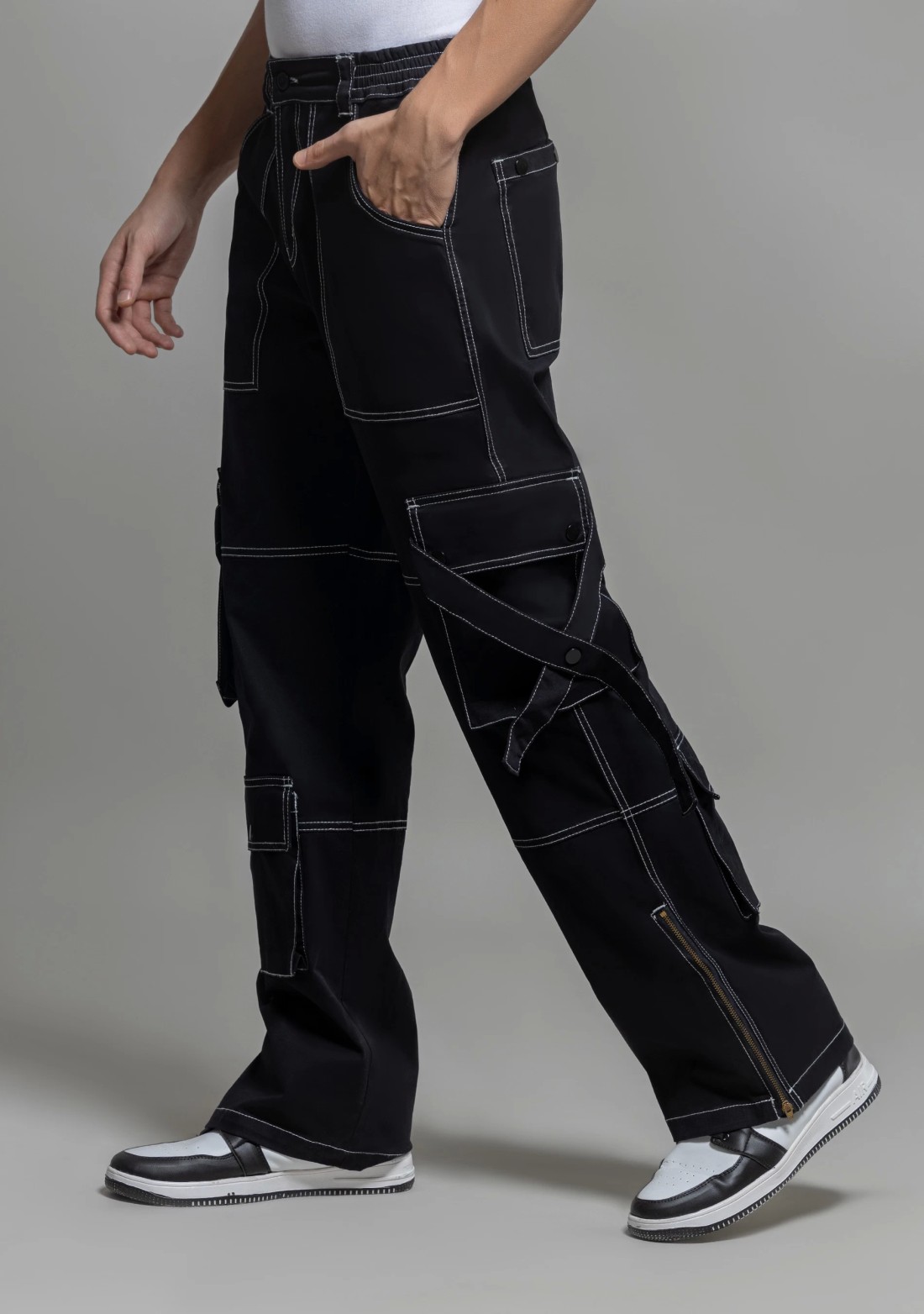 Black Wide Leg Men's Cargo Style Trousers