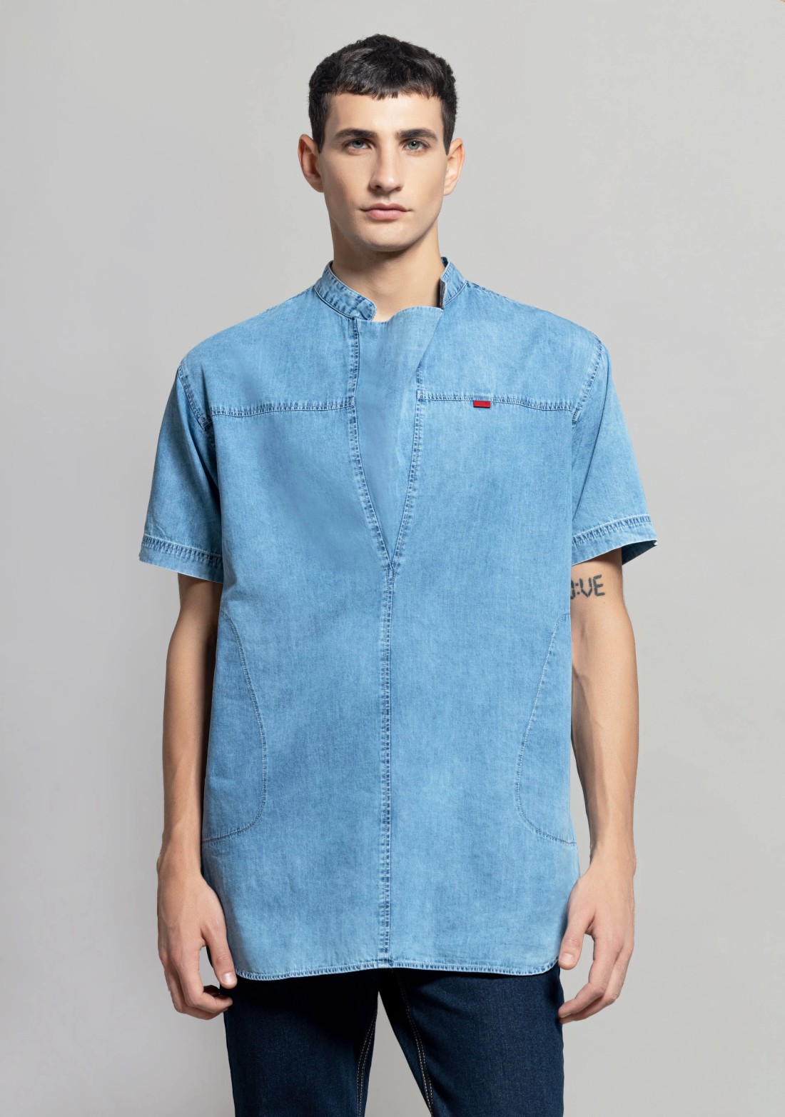 Light Blue Regular Fit Men's Denim Kurta Shirt