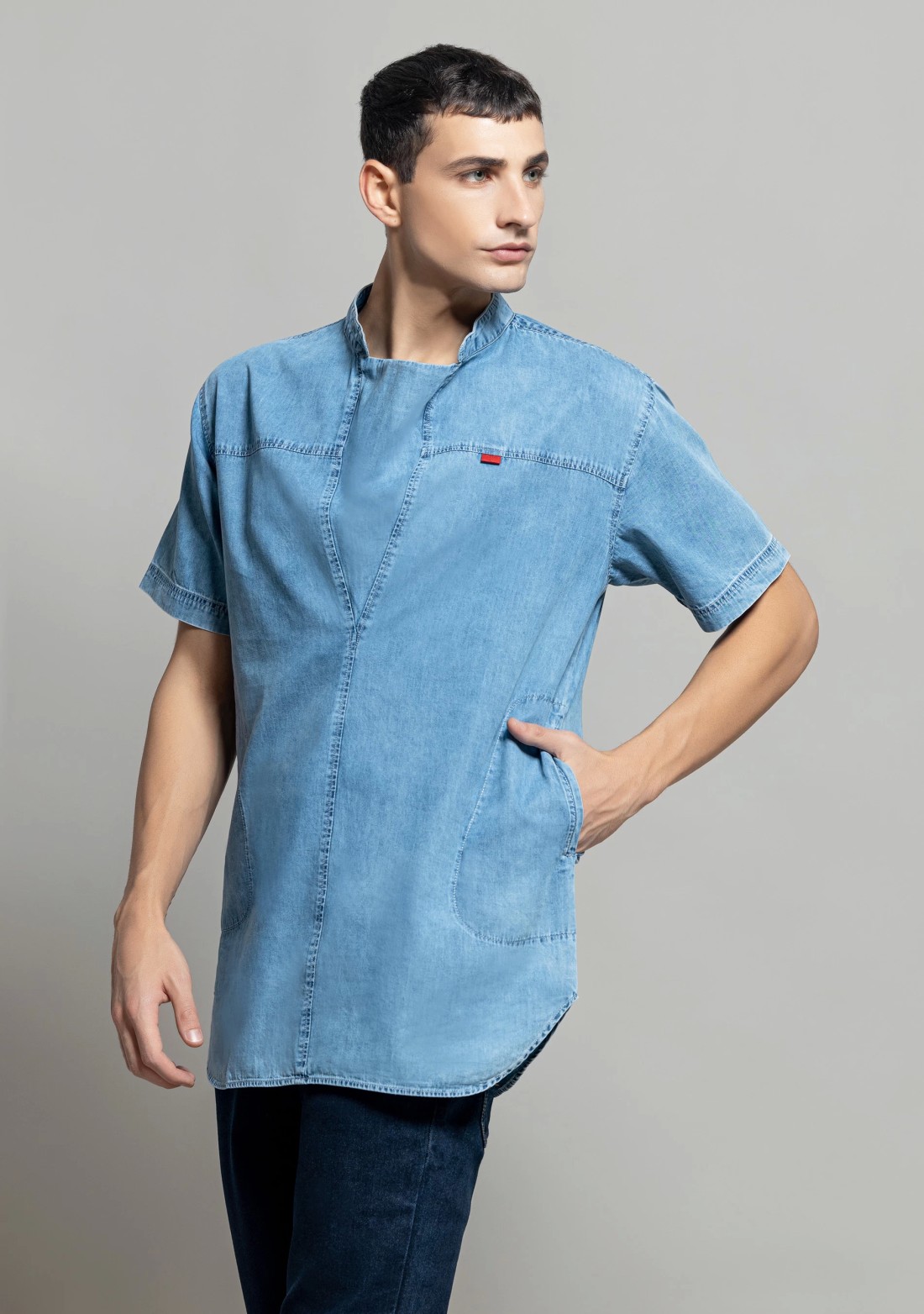 Light Blue Regular Fit Men's Denim Kurta Shirt