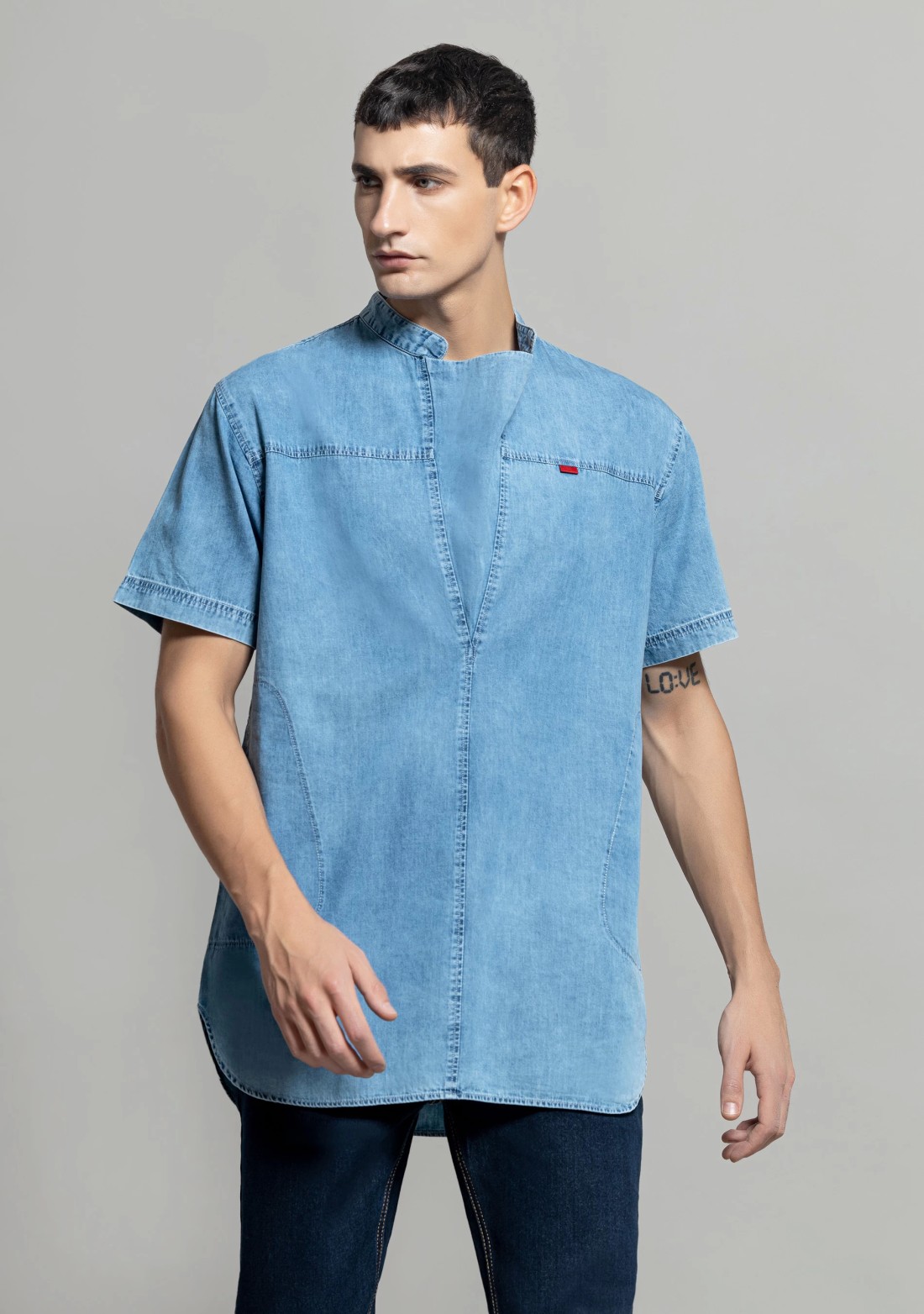 Light Blue Regular Fit Men's Denim Kurta Shirt