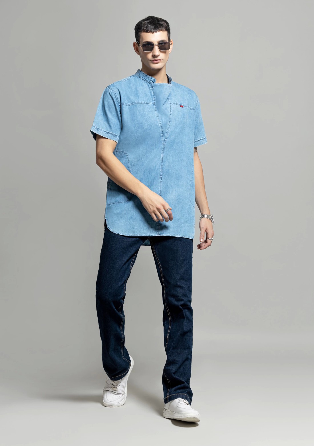 Light Blue Regular Fit Men's Denim Kurta Shirt