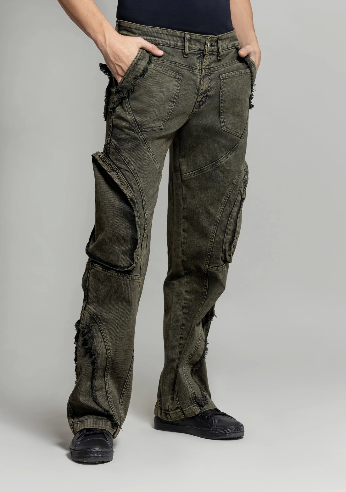 Greenish Grey Wide Leg Ultra Fashion Cargo Style Men's Jeans