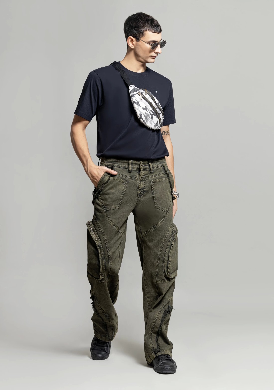 Greenish Grey Wide Leg Ultra Fashion Cargo Style Men's Jeans