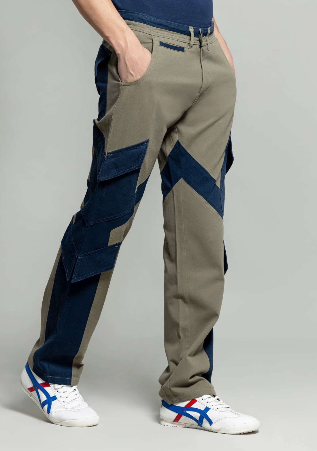 Olive Navy Straight Fit Men's Cotton Cargo Trousers