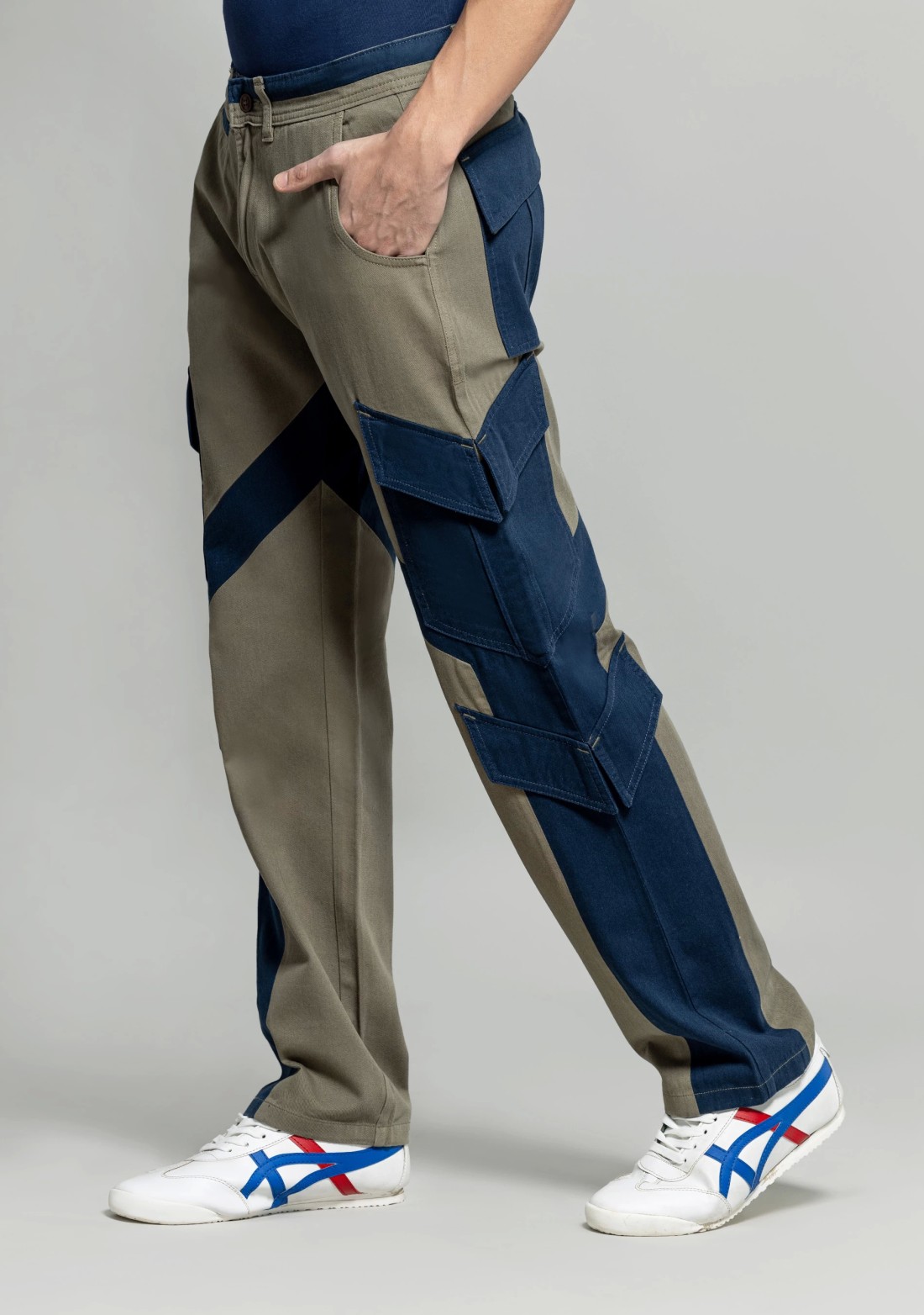 Olive Navy Straight Fit Men's Cotton Cargo Trousers