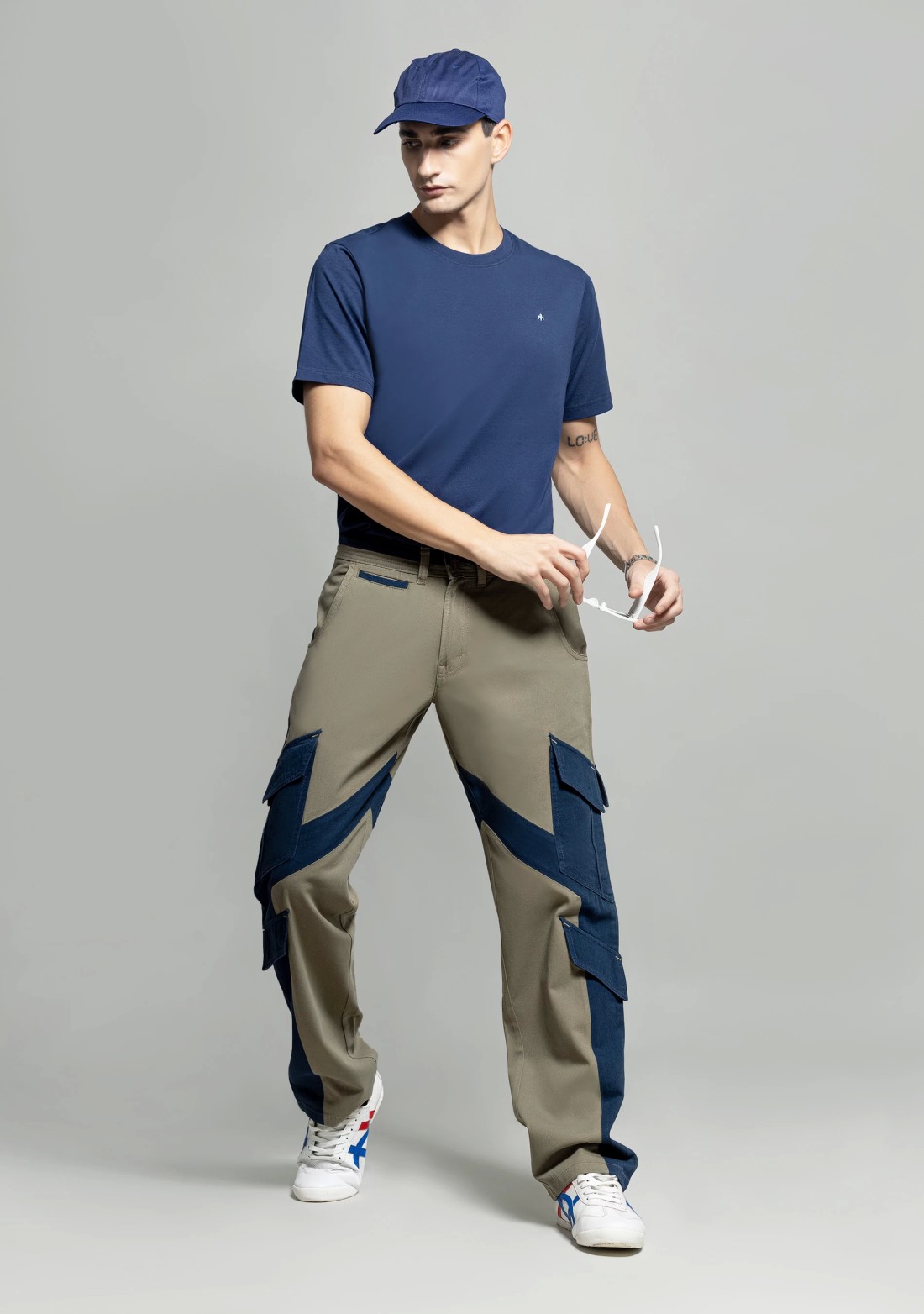 Olive Navy Straight Fit Men's Cotton Cargo Trousers