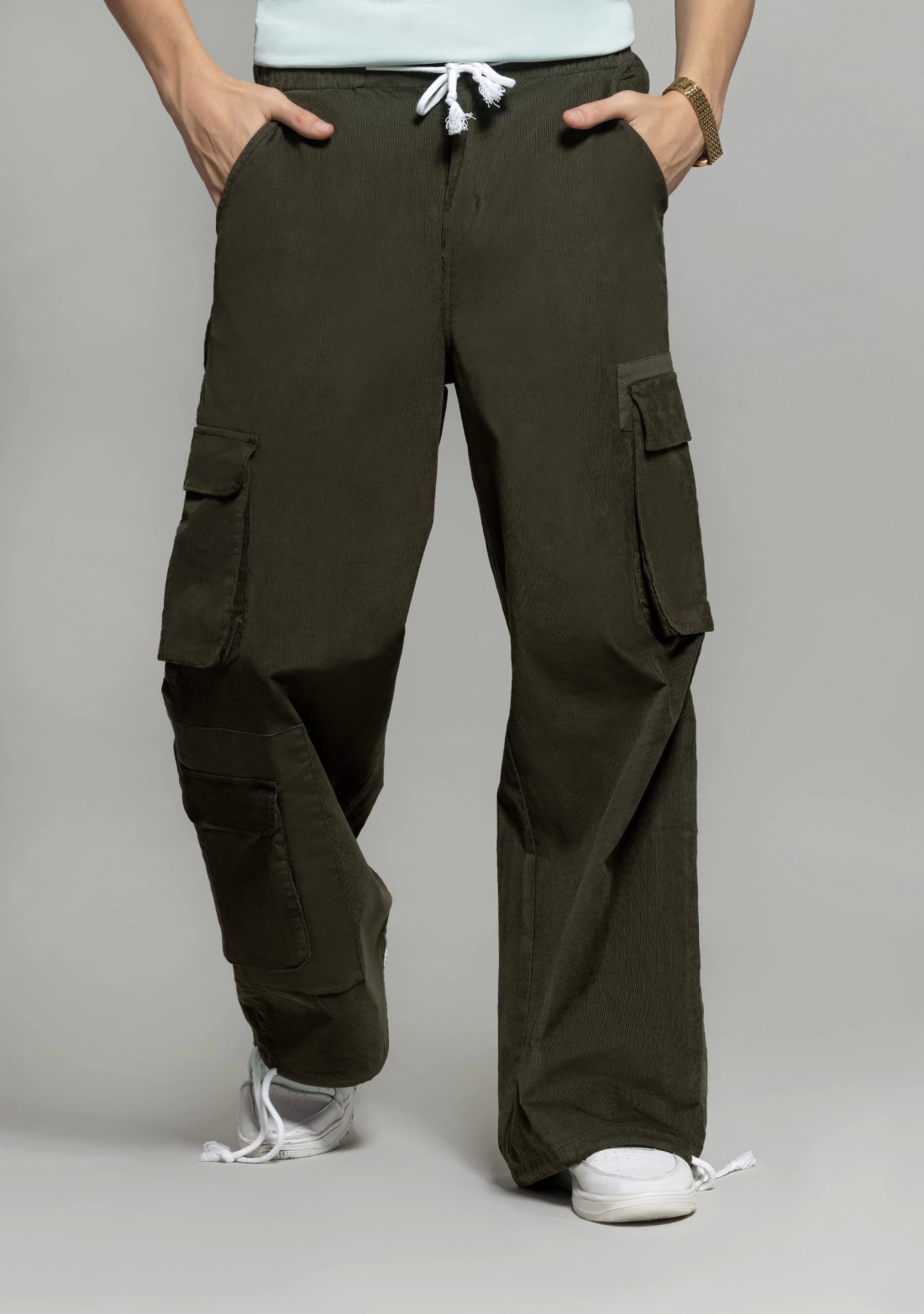 Army Green Wide Leg Men's Corduroy Cargo Trousers