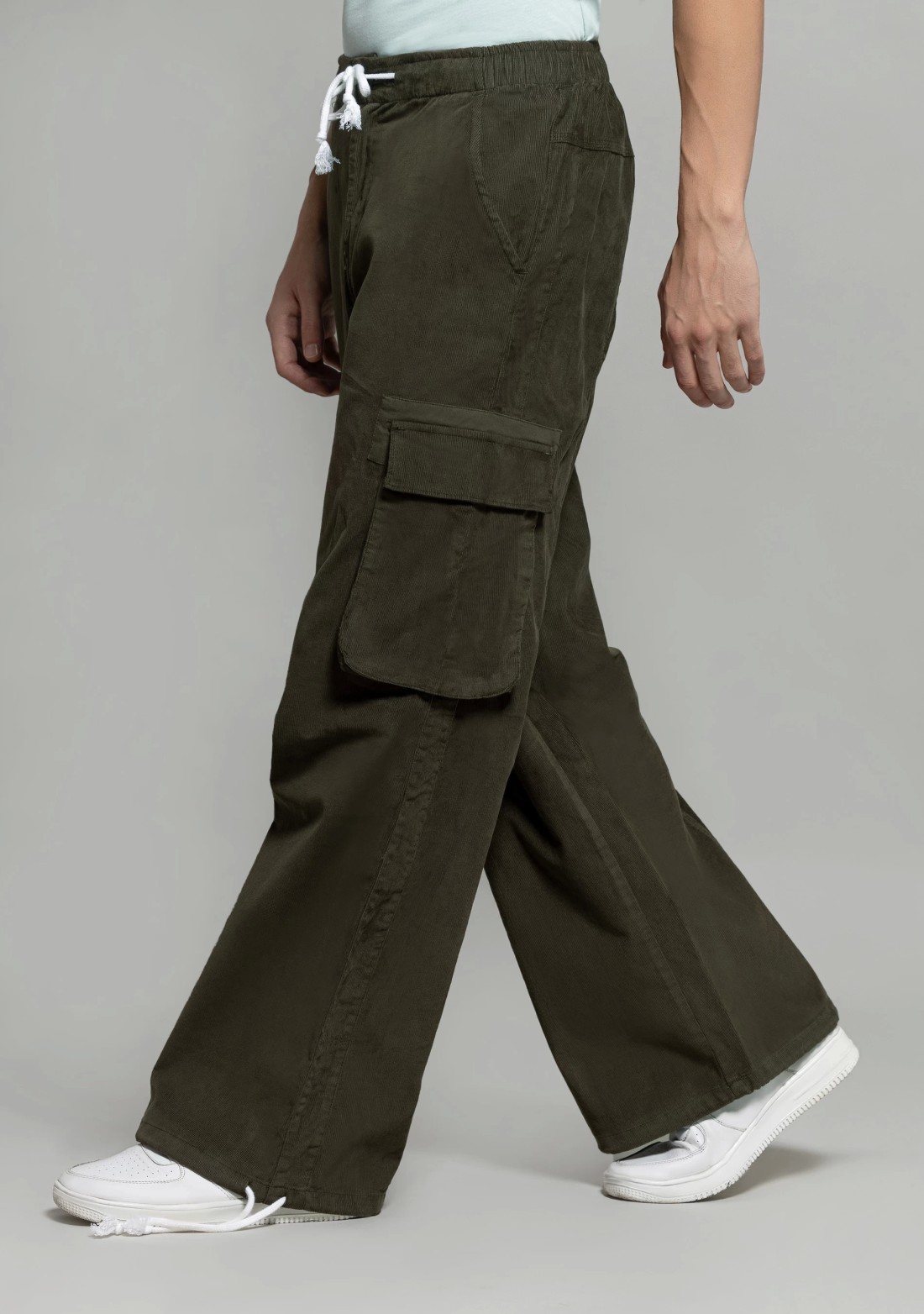 Army Green Wide Leg Men's Corduroy Cargo Trousers