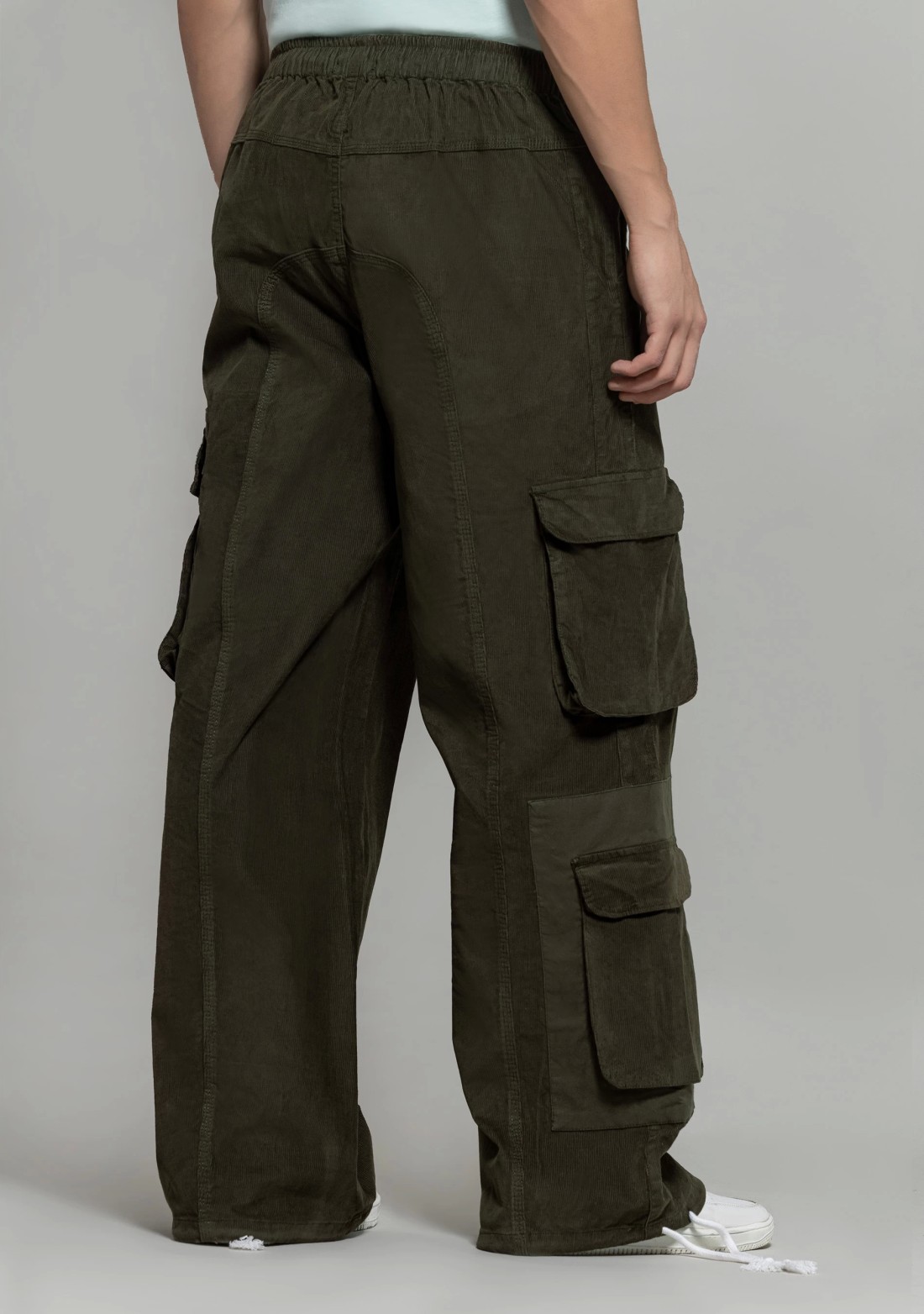 Army Green Wide Leg Men's Corduroy Cargo Trousers