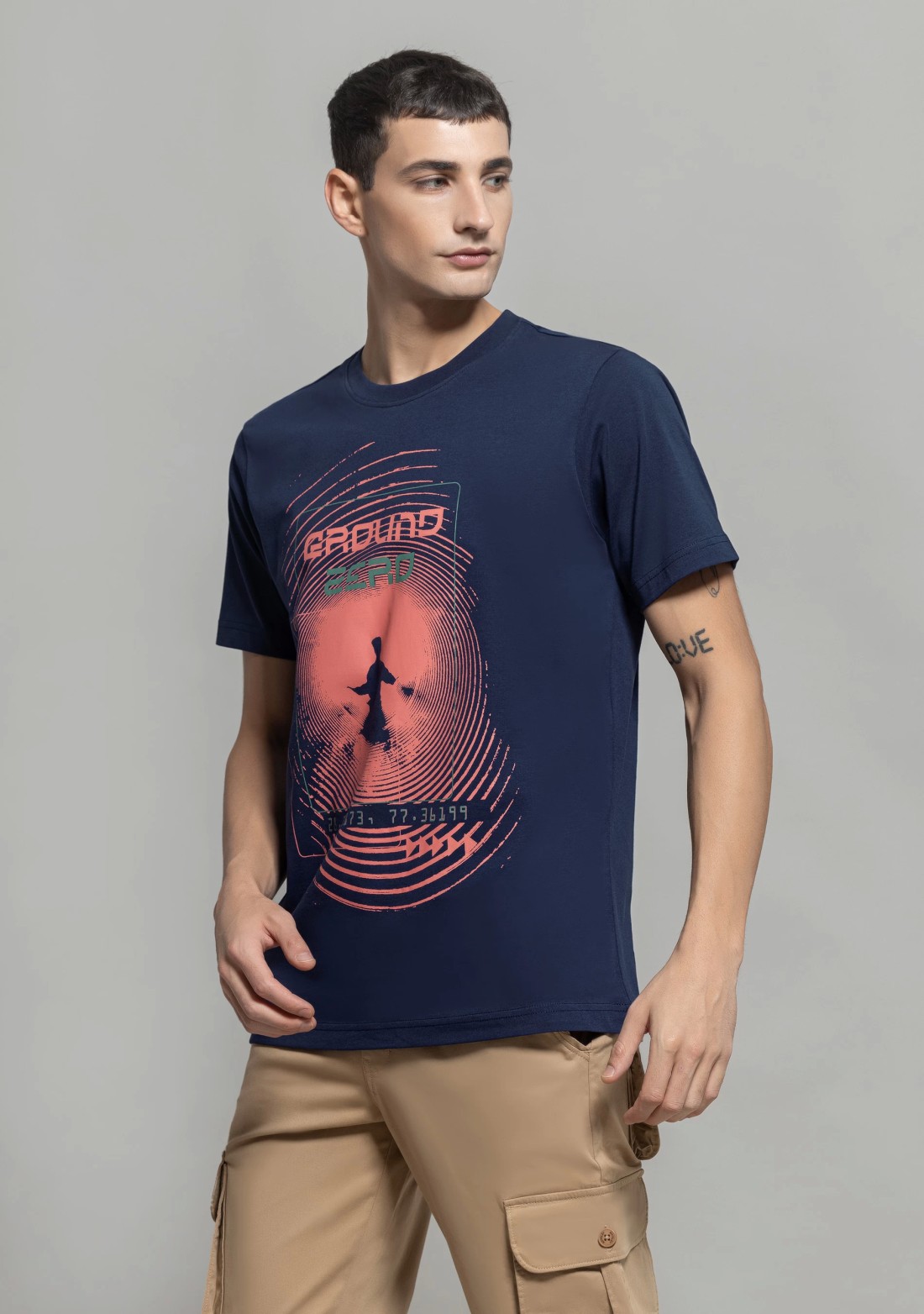 Navy Regular Fit Men's Cotton Graphic T-Shirt